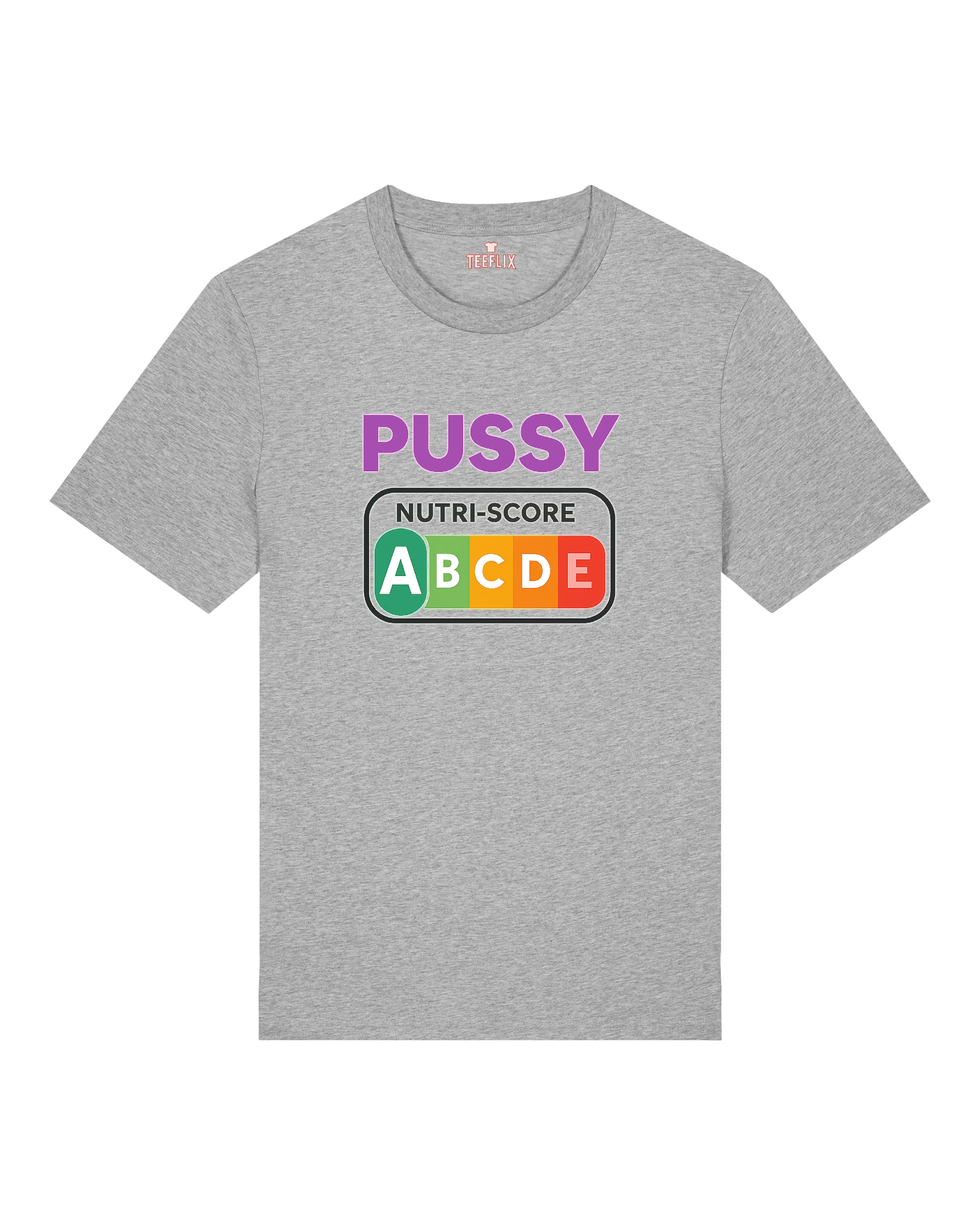 Graues Funshirt mit satirischem „PUSSY A“-Design im Look einer Nährwerttabelle