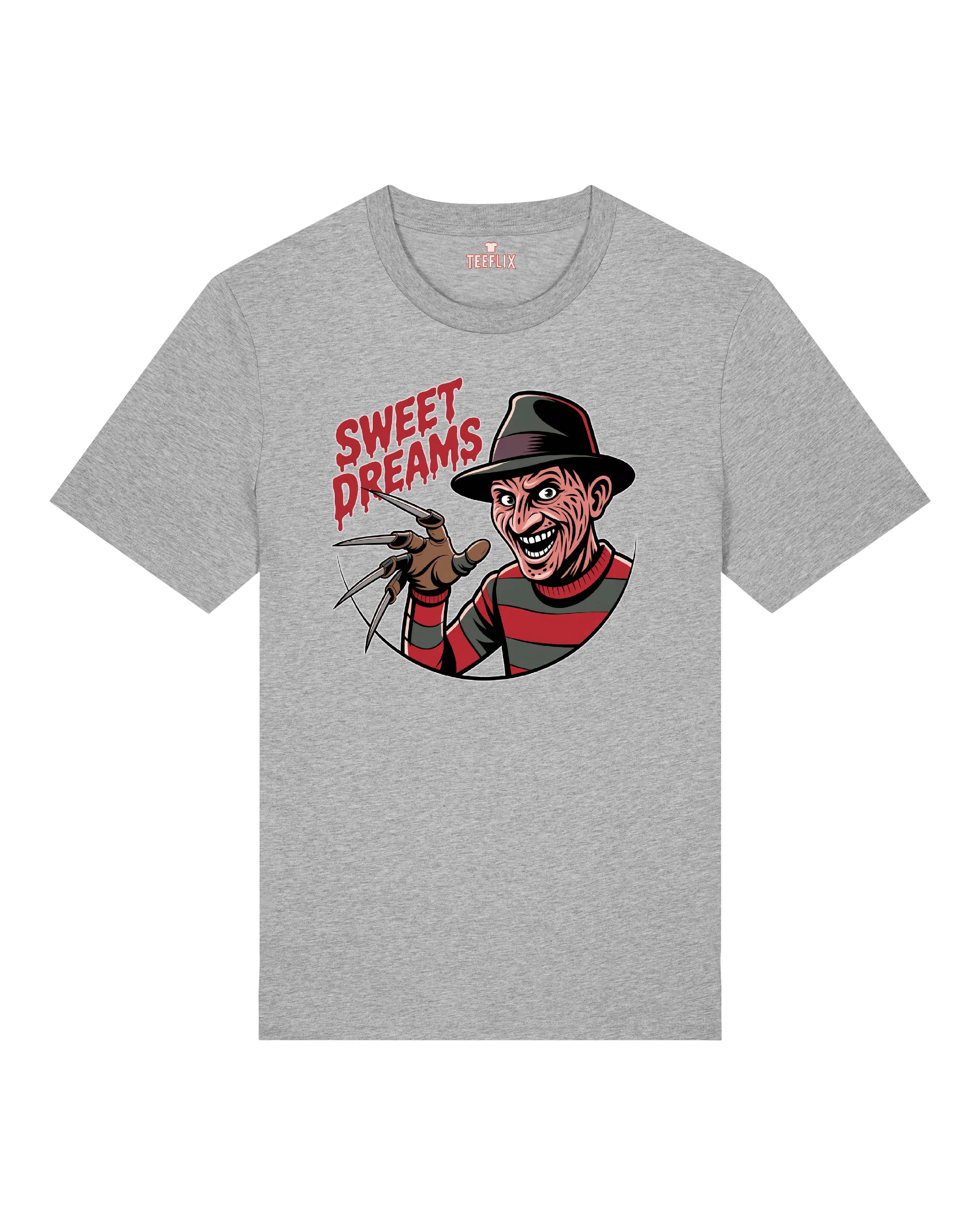 Graues Shirt mit kultigem Gruselfigur-Print und dem Spruch „Sweet Dreams“
