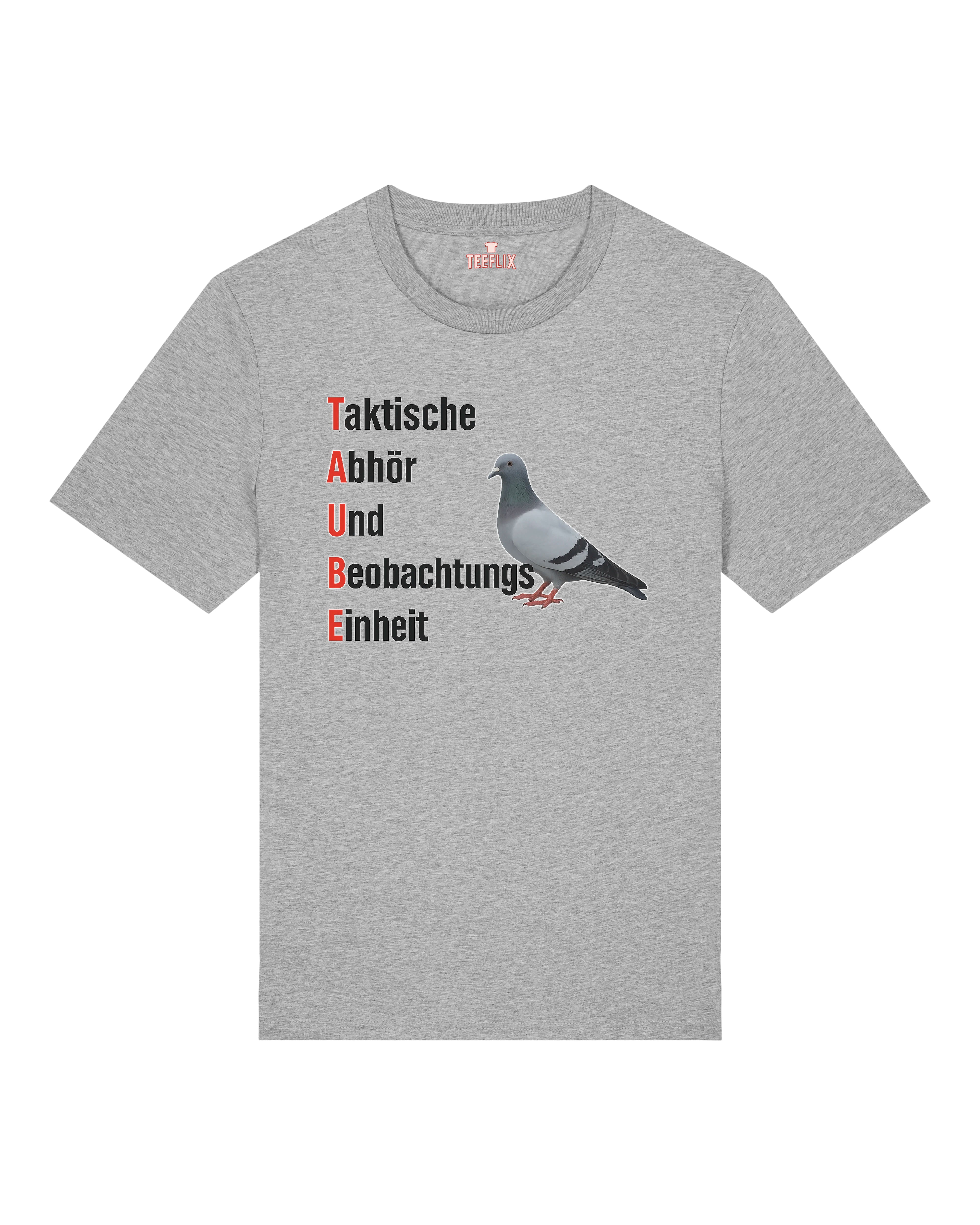 Graues Funshirt mit Acronym-Design „TAUBE“ und Spionage-Taube als Cartoon-Grafik