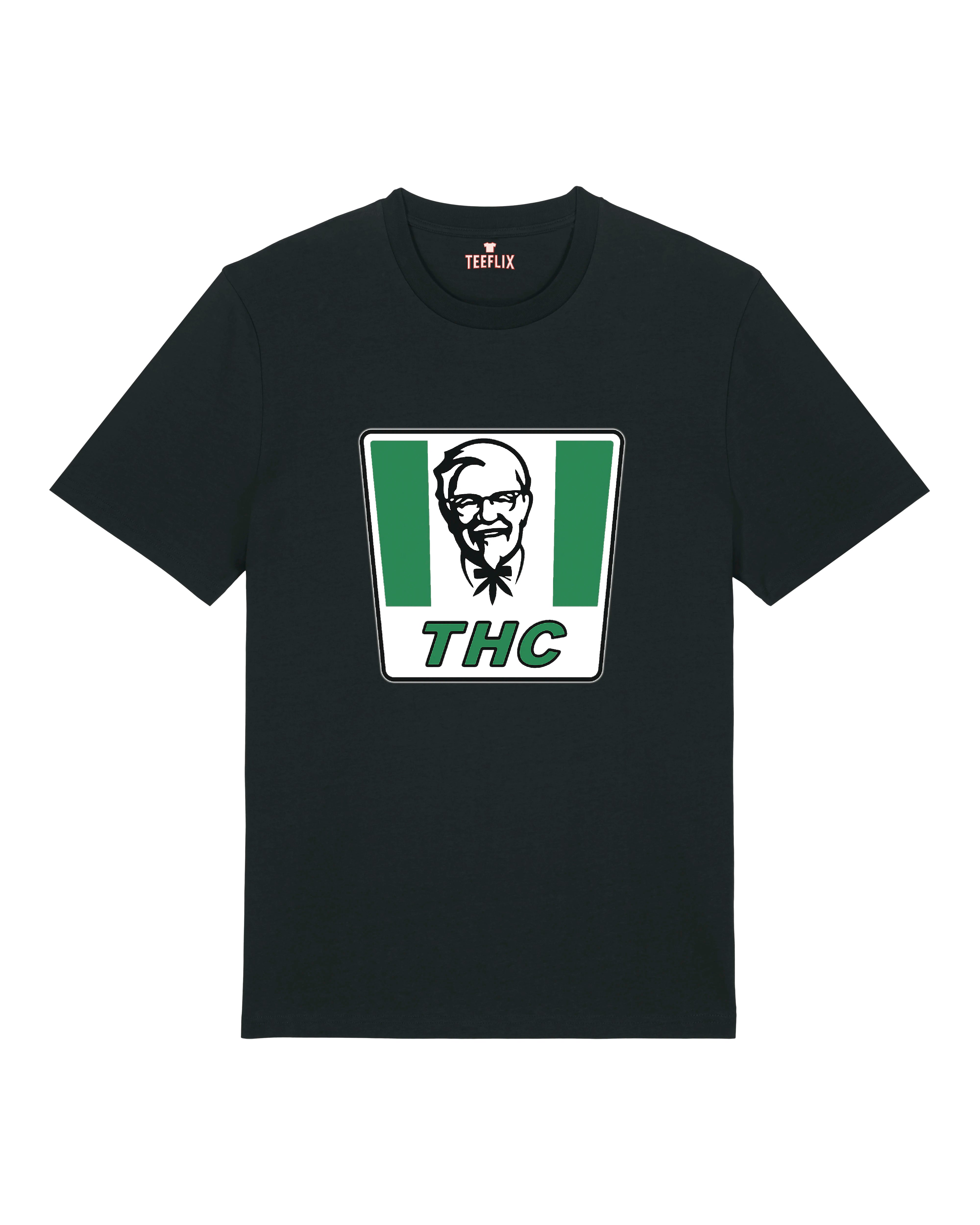 Schwarzes THC T-Shirt im KFC-Parodiestil mit grün-weißem Frontprint