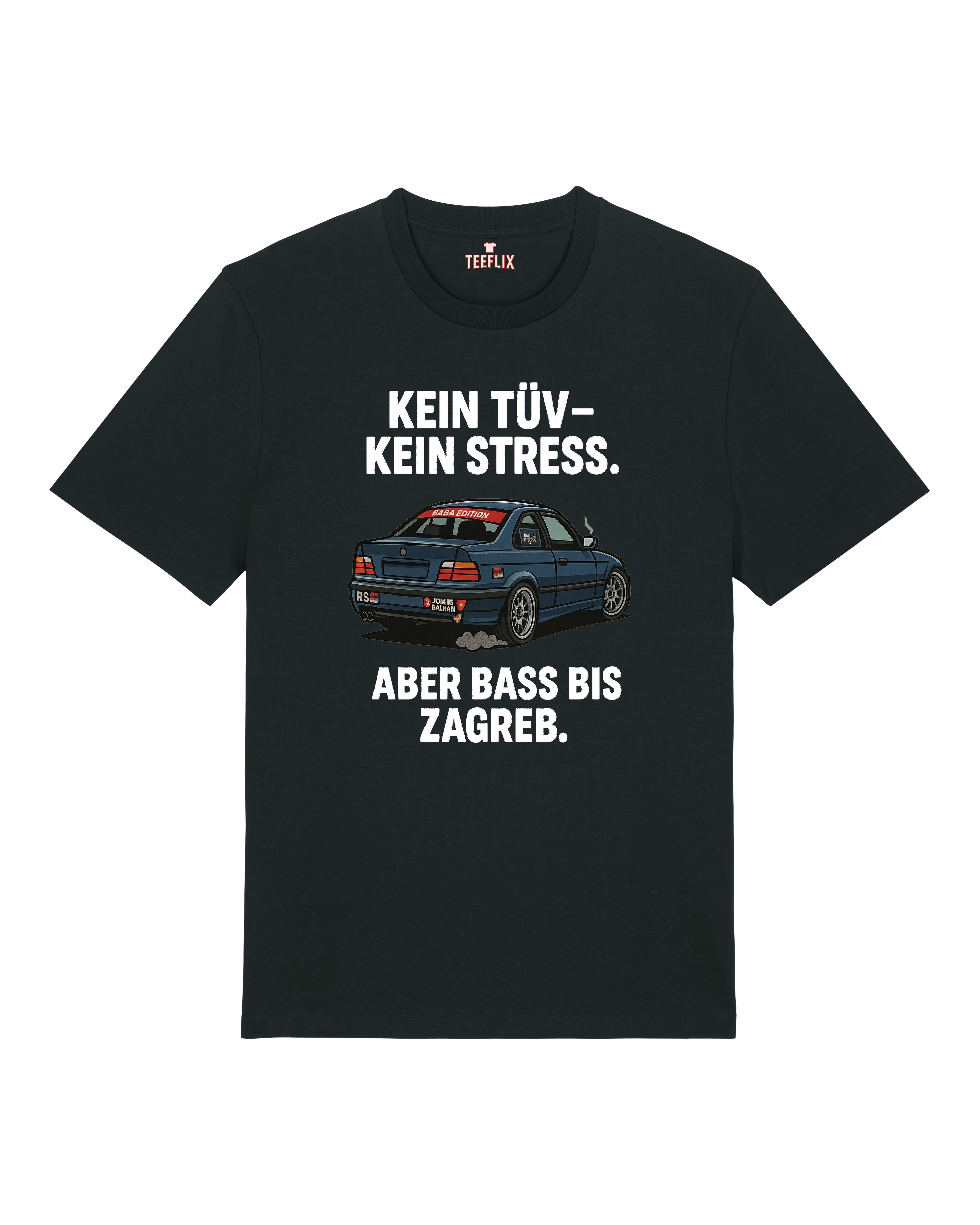 Schwarzes Tuning-Shirt mit lautem Statement-Spruch & Fahrzeugmotiv