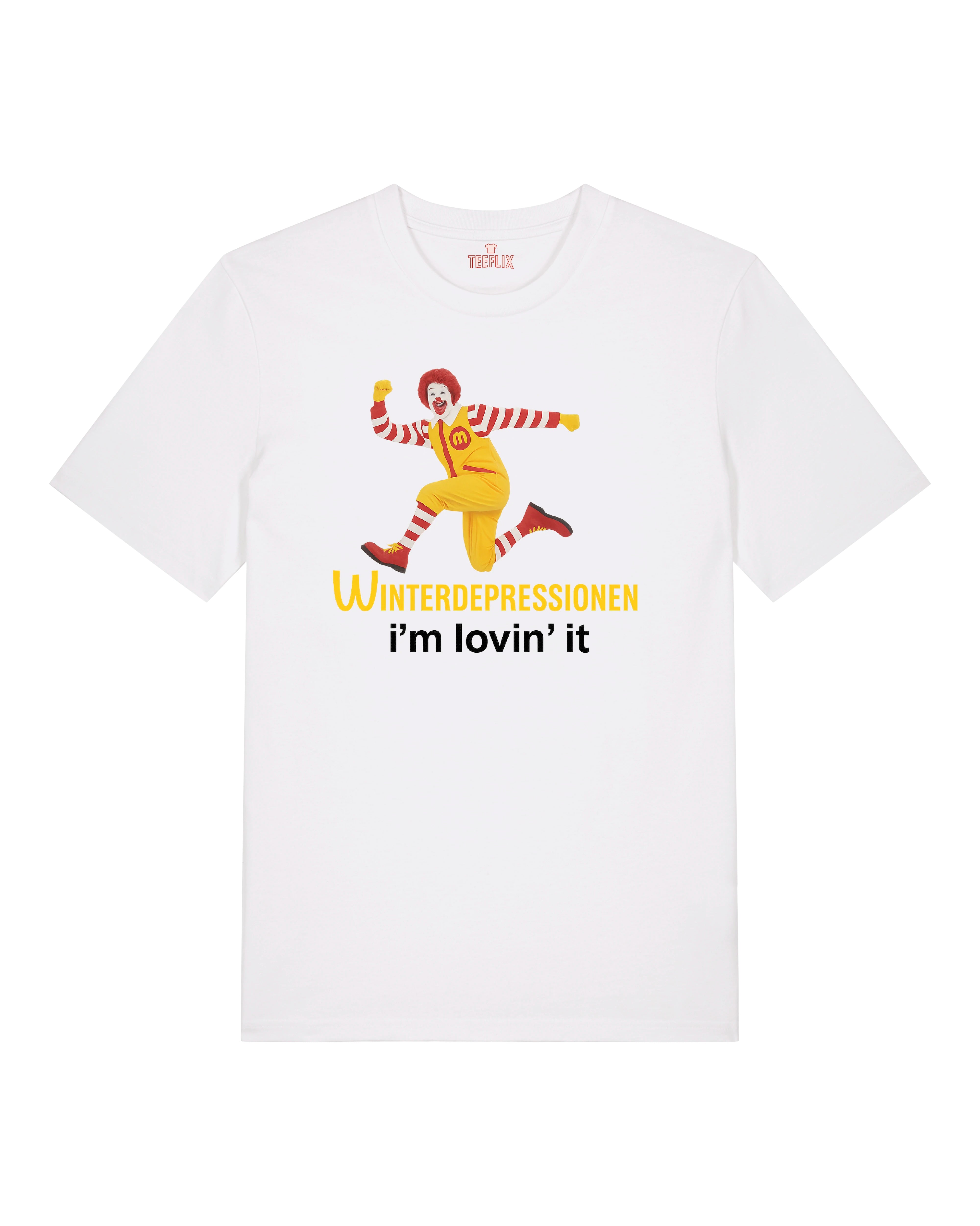 Weißes T-Shirt mit Clown und Spruch „Winterdepressionen – I’m lovin’ it“ als sarkastisches Meme