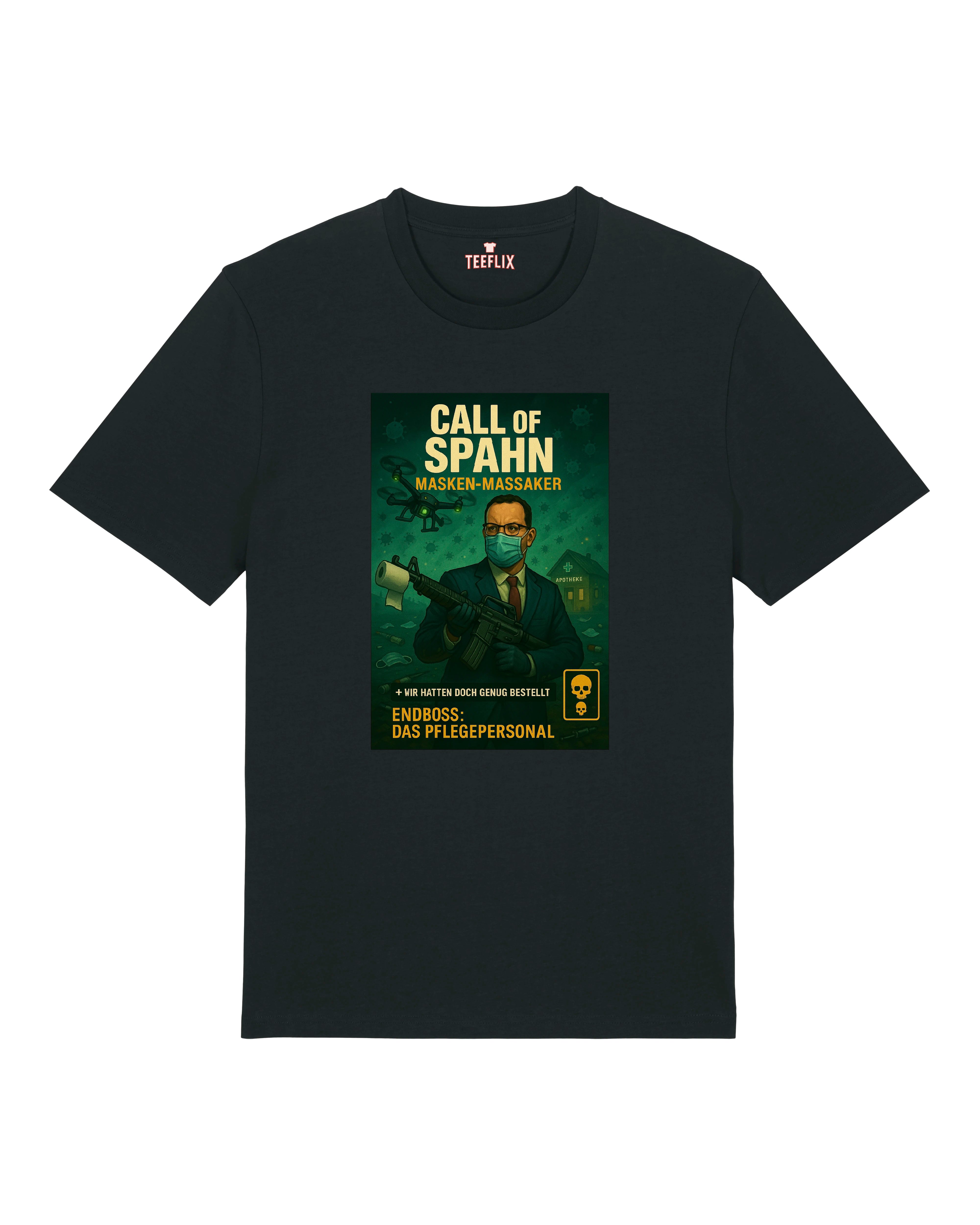 T-Shirt in Schwarz mit „Call of Spahn – Masken-Massaker“-Print