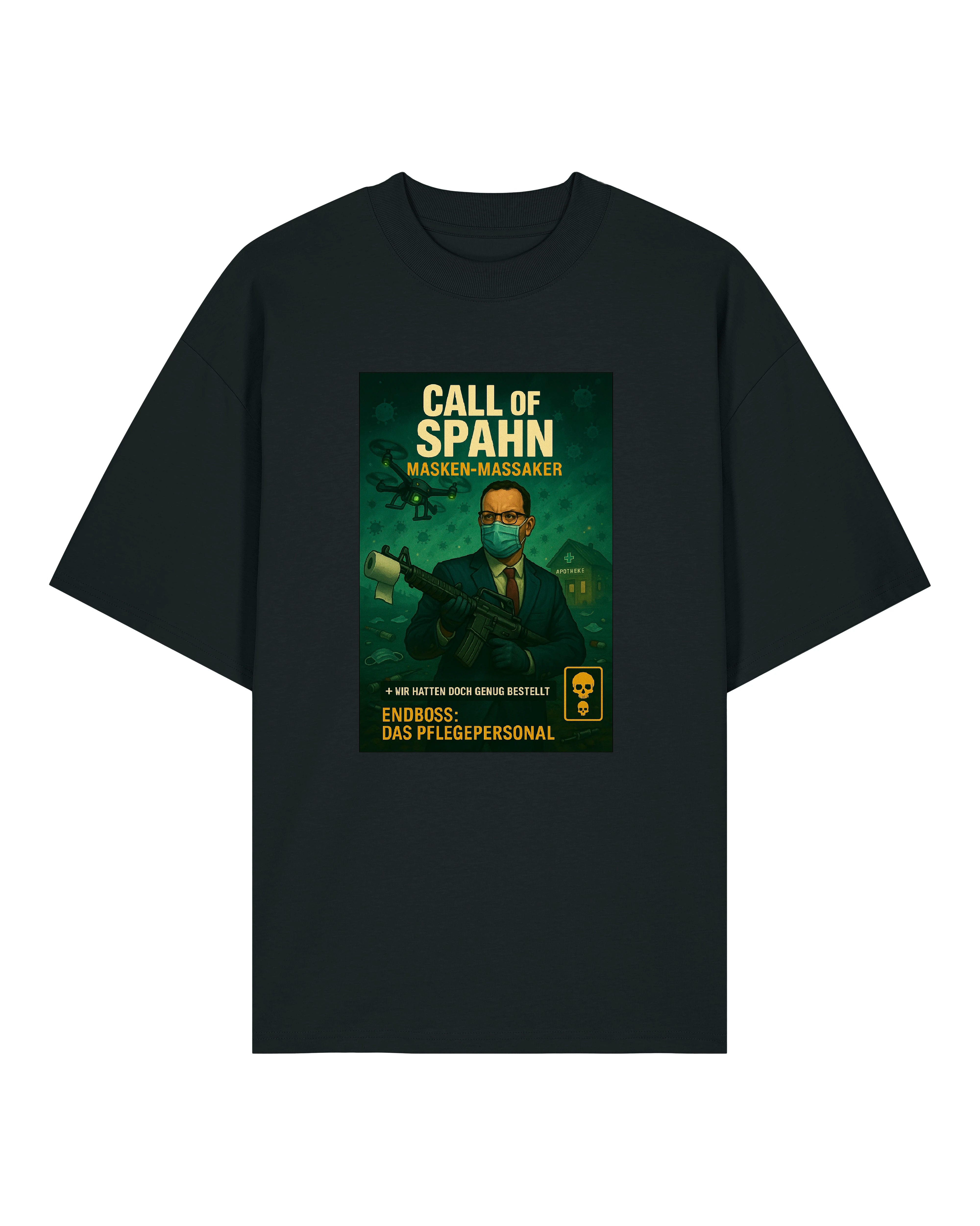  T-Shirt in Schwarz mit „Call of Spahn – Masken-Massaker“-Print