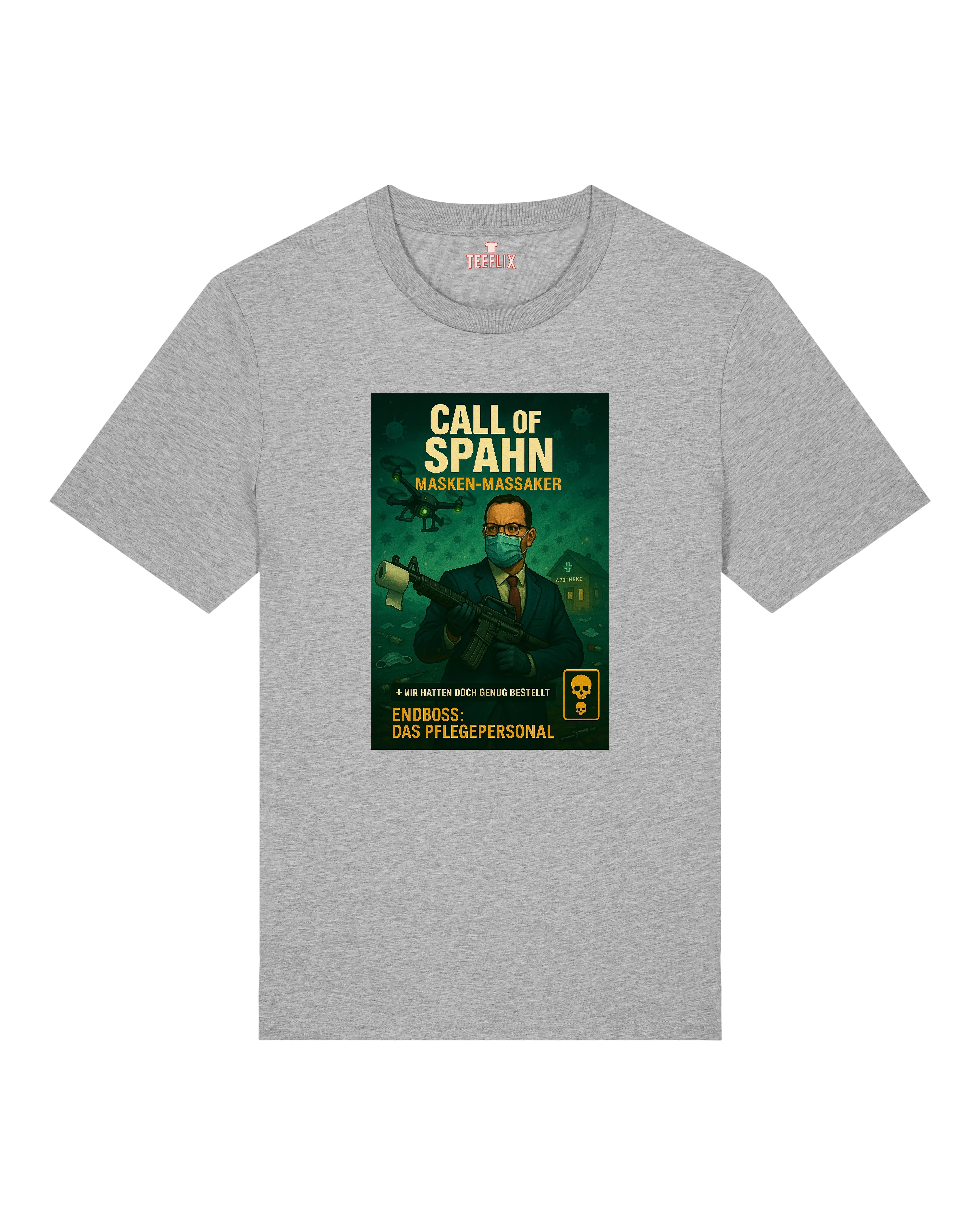 T-Shirt in Grau mit „Call of Spahn – Masken-Massaker“-Print