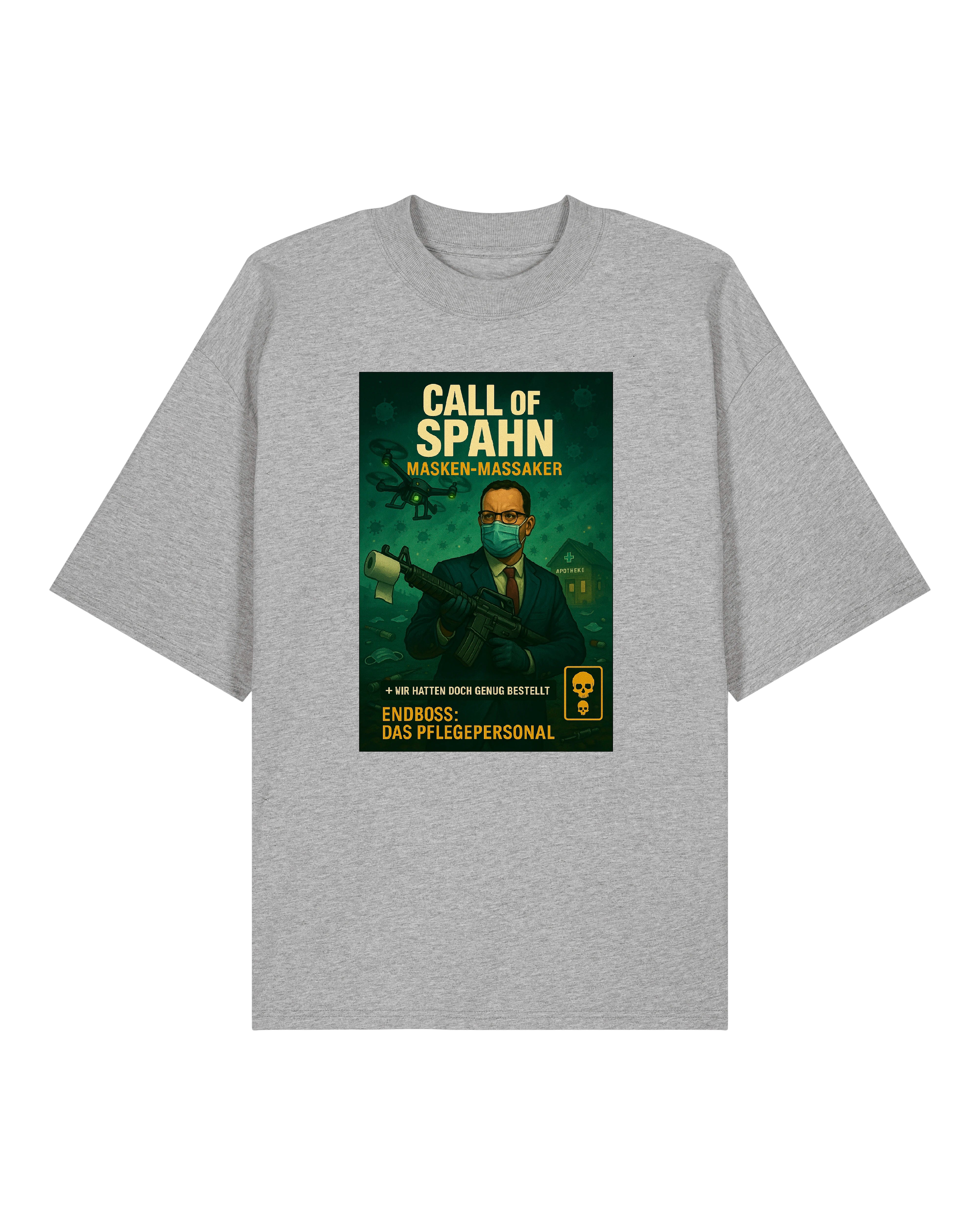 T-Shirt in Grau mit „Call of Spahn – Masken-Massaker“-Print