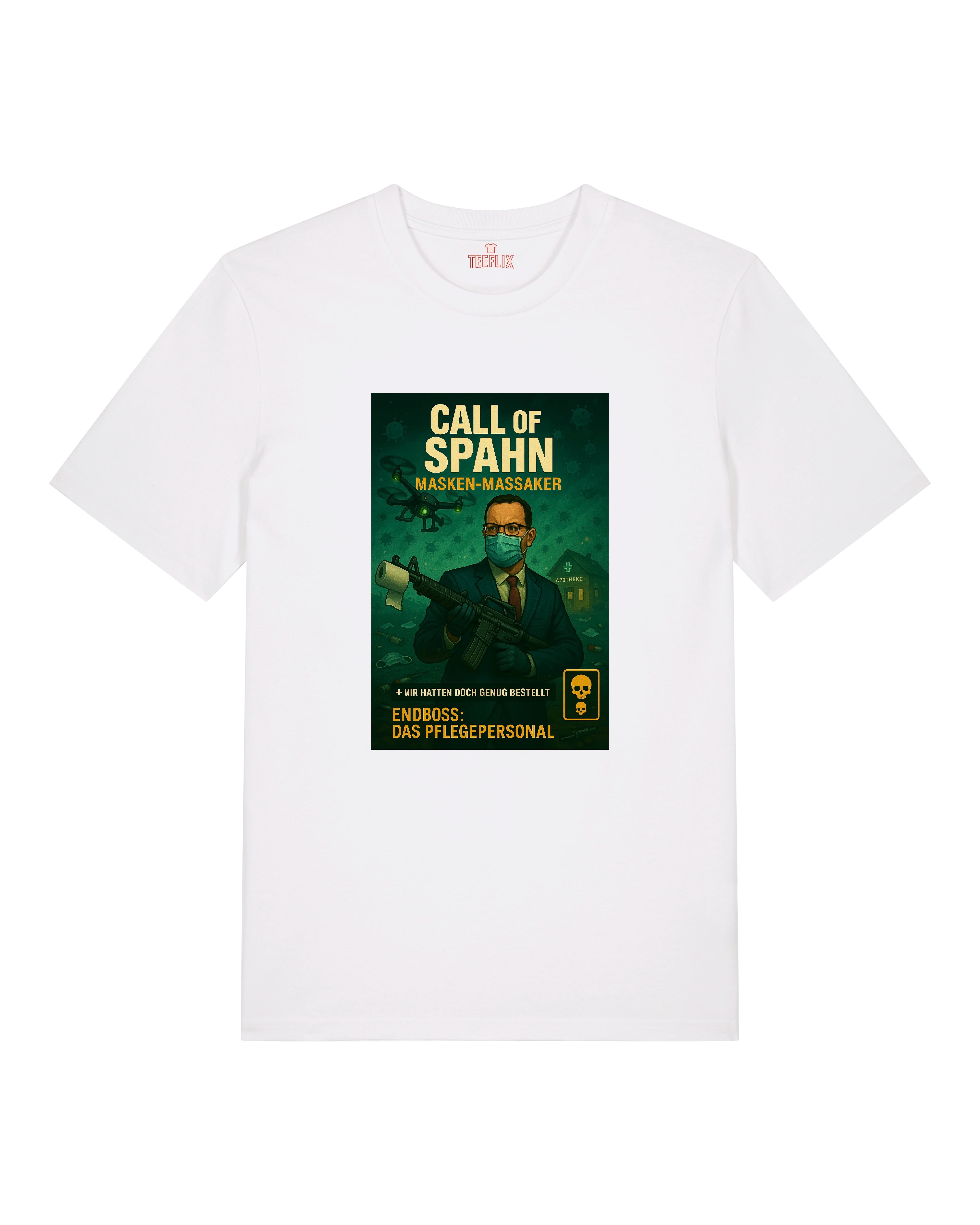  T-Shirt in Weiß mit „Call of Spahn – Masken-Massaker“-Print