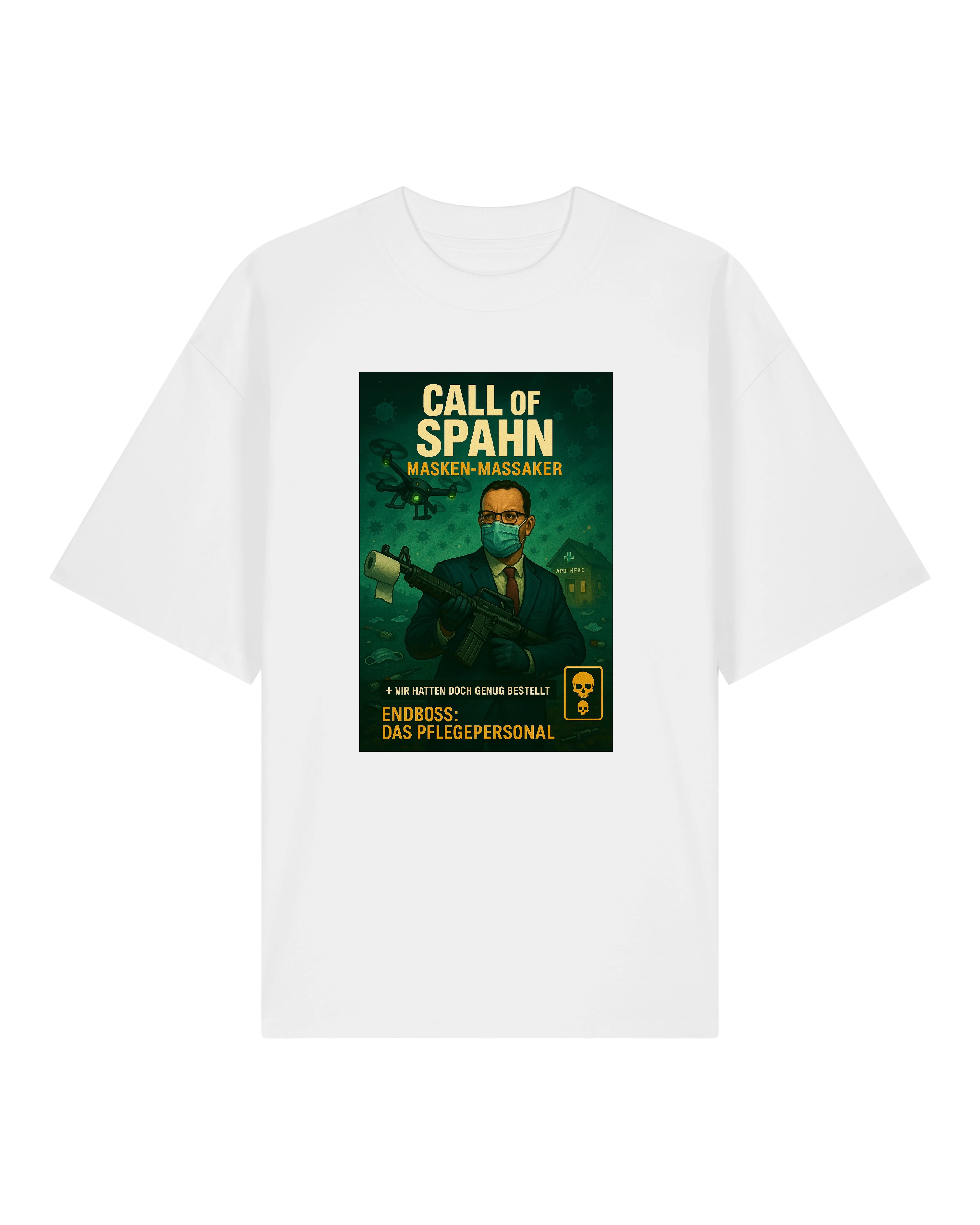  T-Shirt in Weiß mit „Call of Spahn – Masken-Massaker“-Print