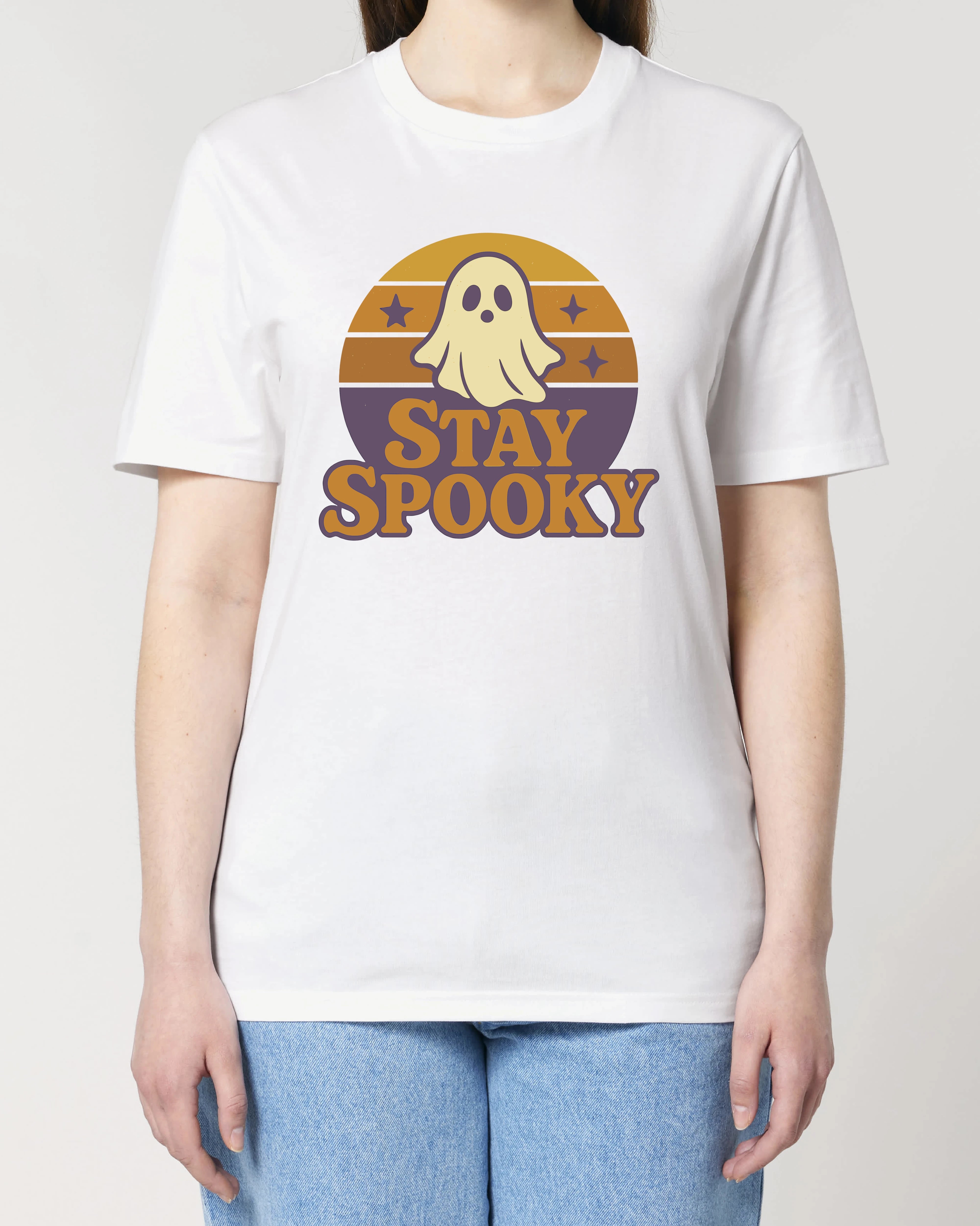 Damen T-Shirt Halloween mit Geist – süßes weißes Shirt mit Retro Stay Spooky Design, ideal für Oktober, Kostüm und spooky Look