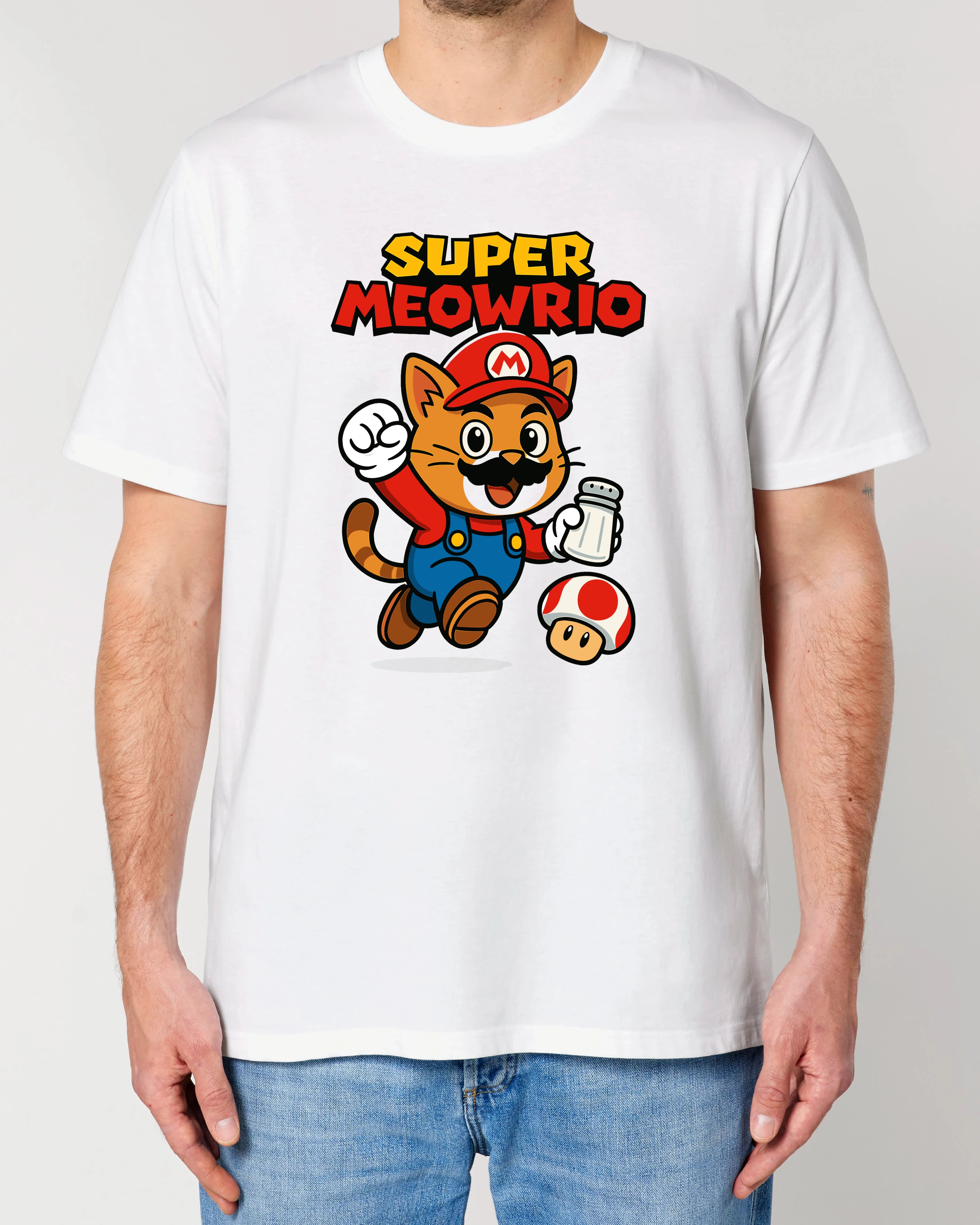 Super Meowrio lustiges T-Shirt Katze Gamer weiß Herren | Teeflix