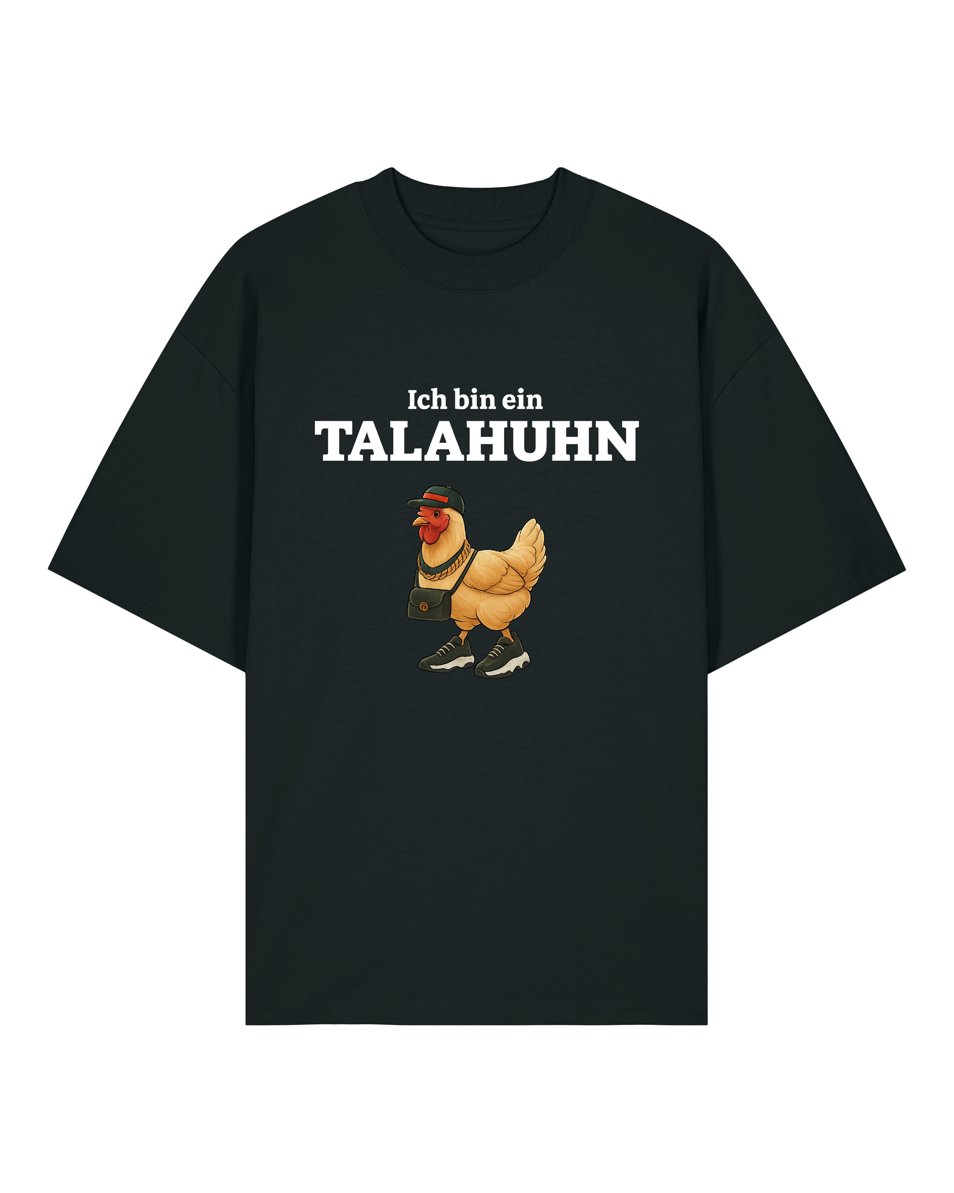 Schwarzes T-Shirt mit witzigem Huhn-Motiv im Streetstyle: Cap, Umhängetasche und Sneaker. Text: „Ich bin ein TALAHUHN“.
