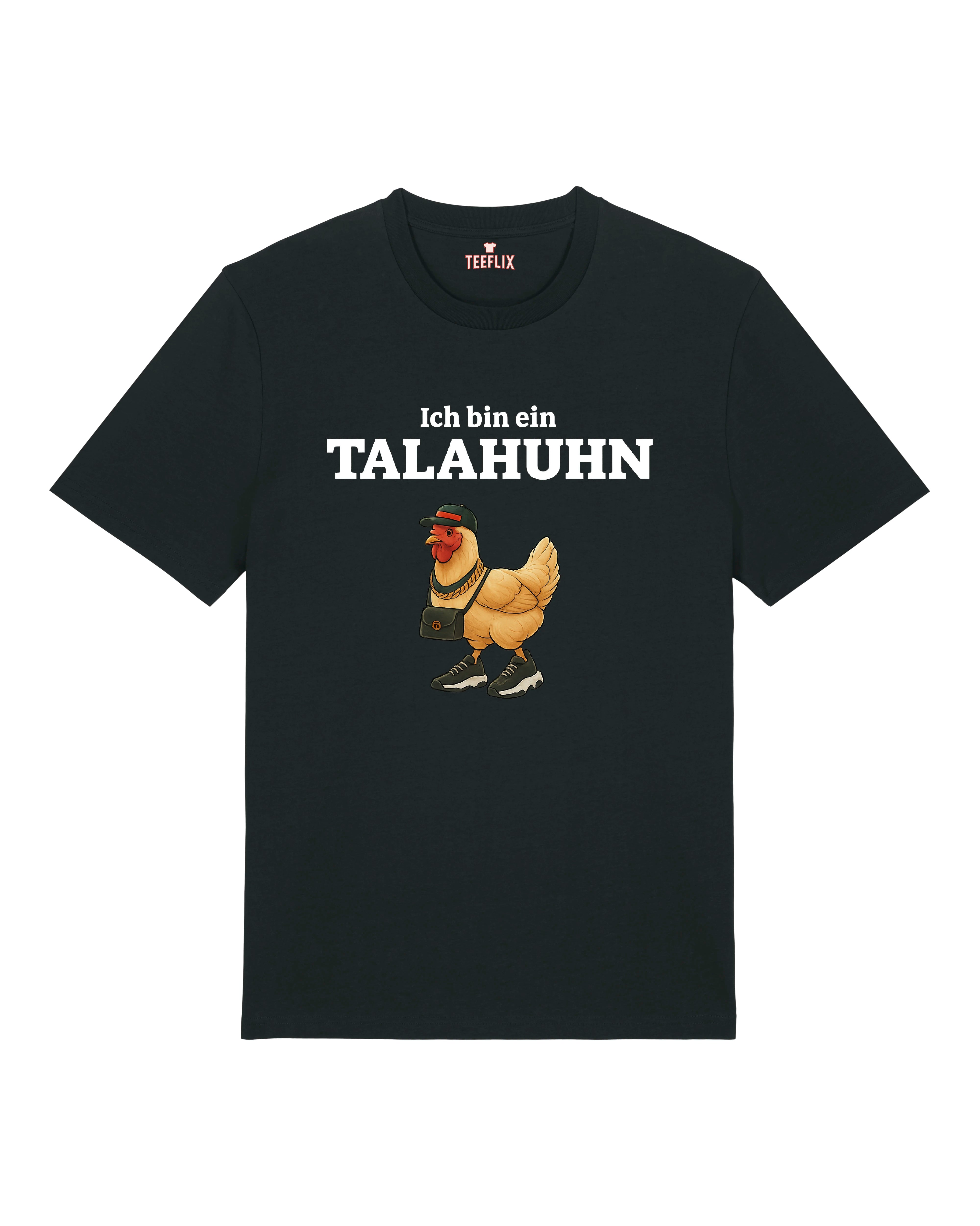 Schwarzes T-Shirt mit witzigem Huhn-Motiv im Streetstyle: Cap, Umhängetasche und Sneaker. Text: „Ich bin ein TALAHUHN“.