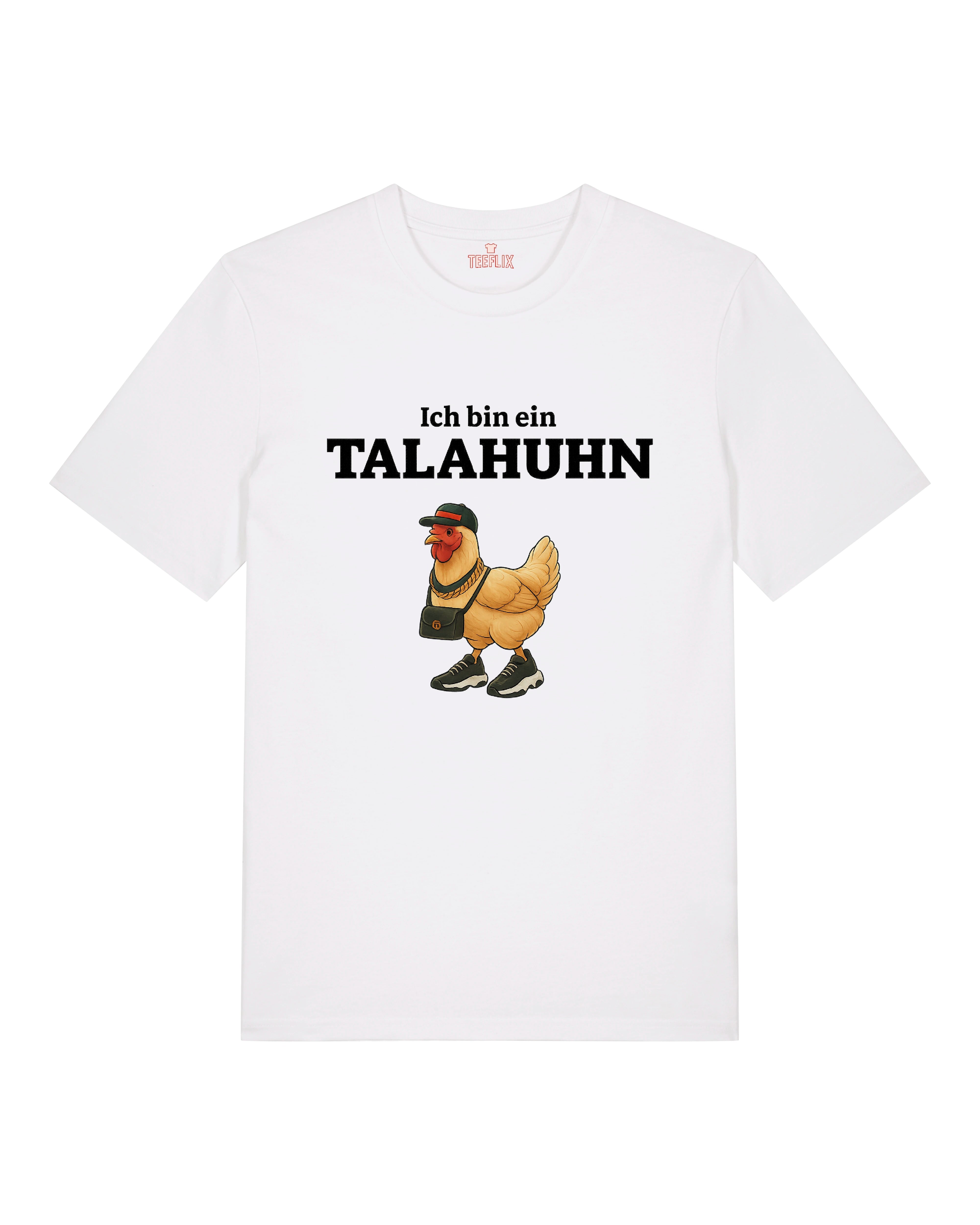 Weißes T-Shirt mit lustigem Streetstyle-Huhn, Cap und Tasche. Text: „Ich bin ein TALAHUHN“.