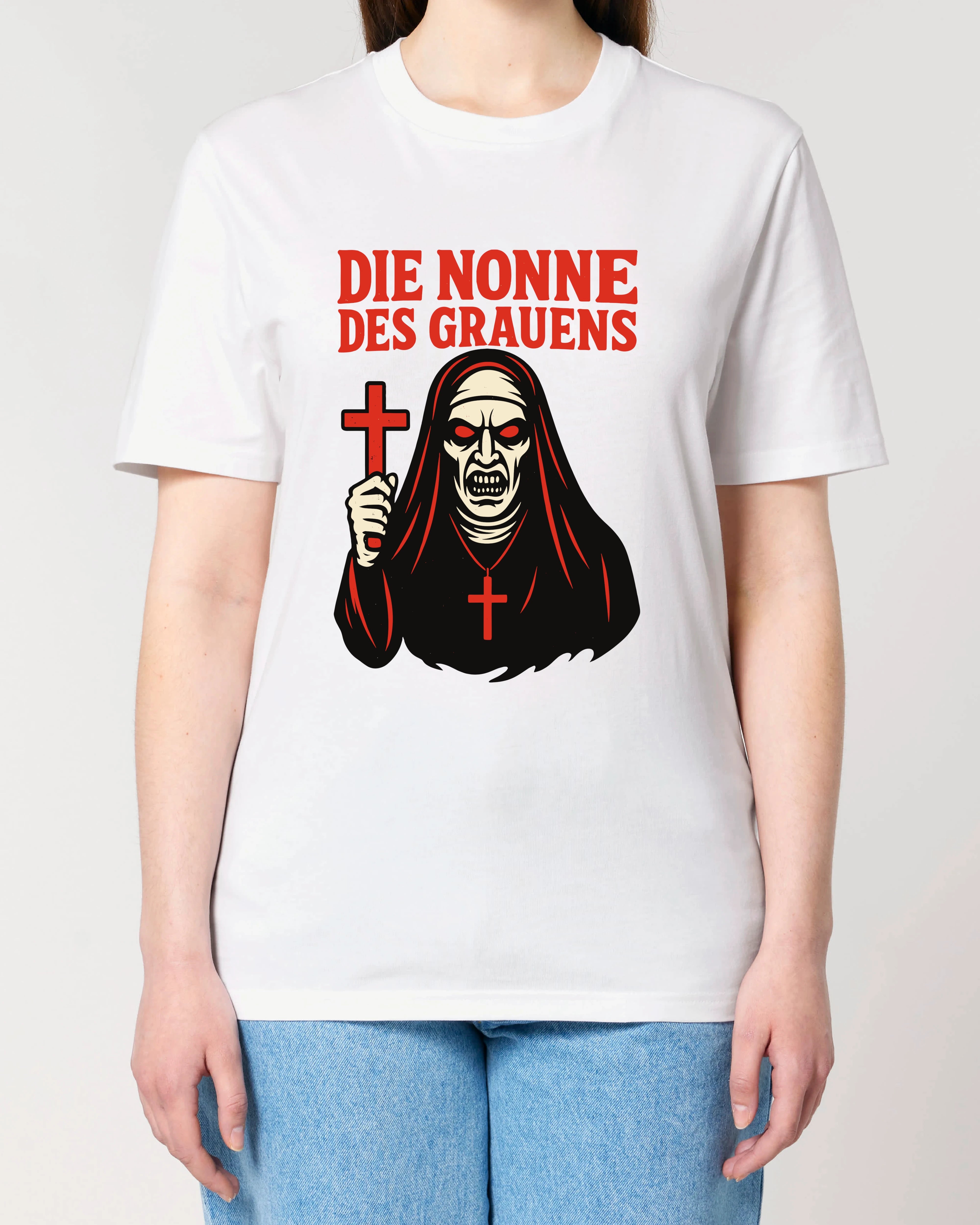 Weißes Horror Shirt mit Nonne und Kreuz – Halloween T-Shirt mit Grusel und schwarzem Humor – Teeflix