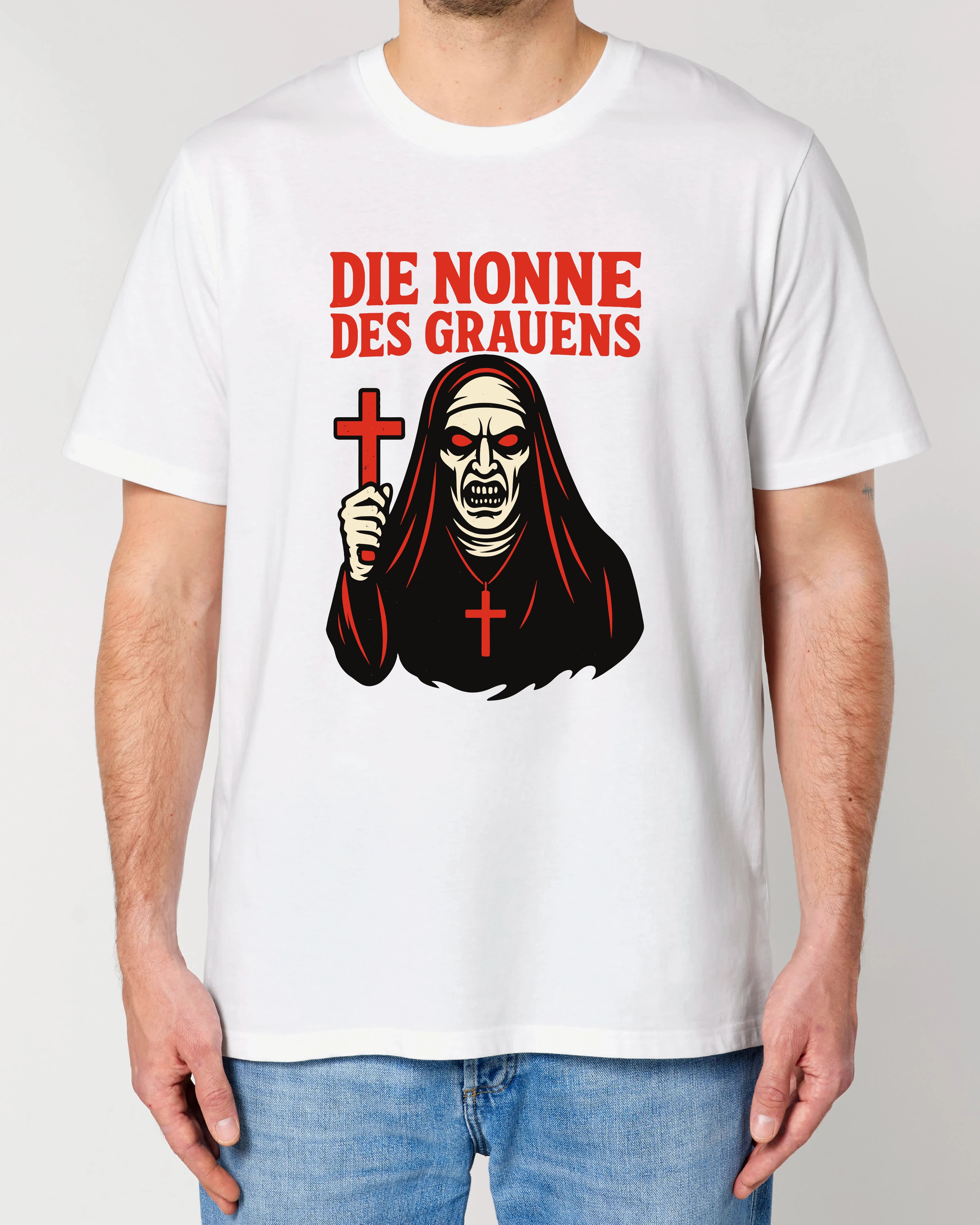 Weißes Halloween T-Shirt mit Horror-Nonne, lustiges Gruselshirt – Teeflix