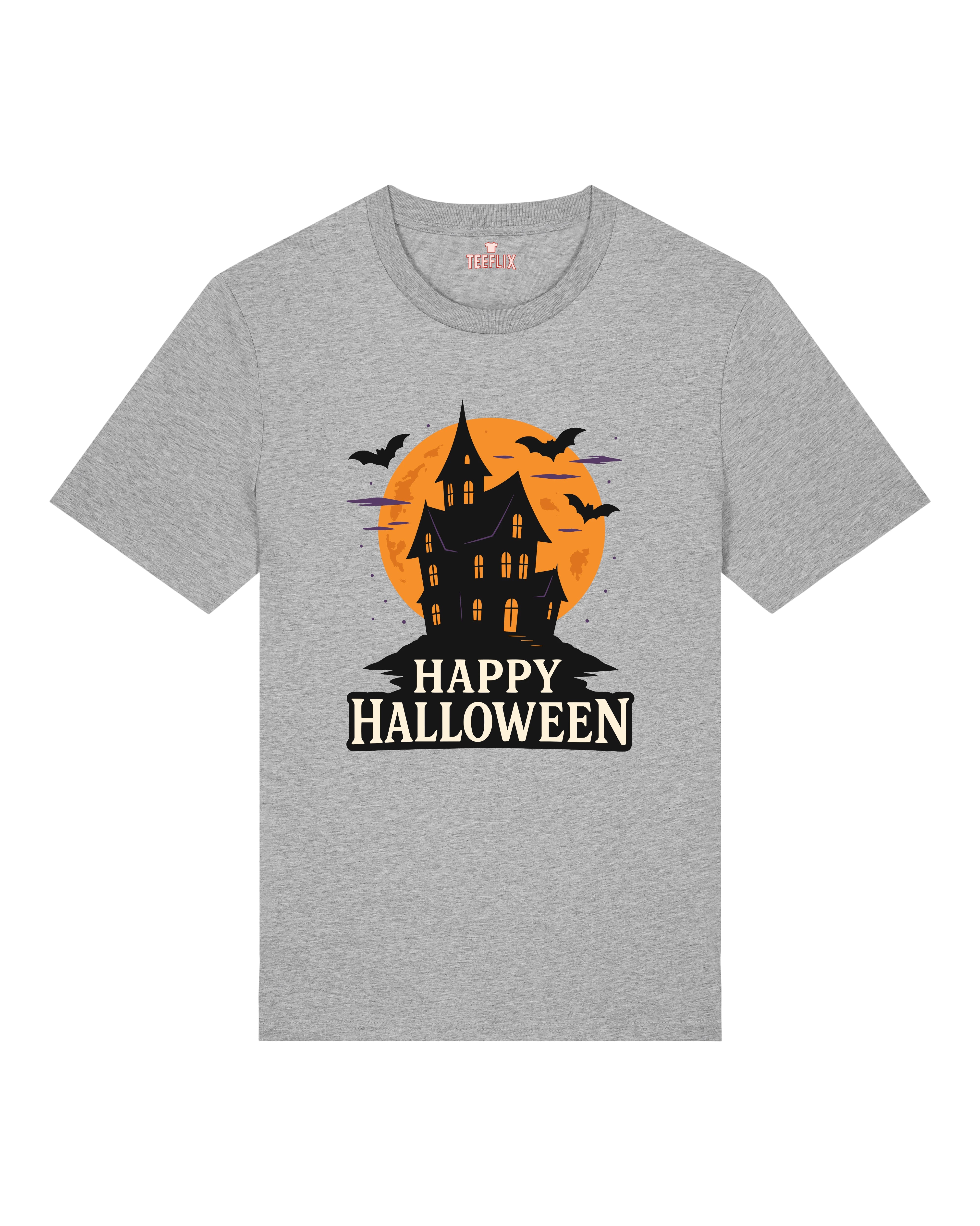 Graues Halloween Shirt von Teeflix mit Spukhaus, Fledermäusen und Schriftzug "Happy Halloween" – Unisex Normal Fit