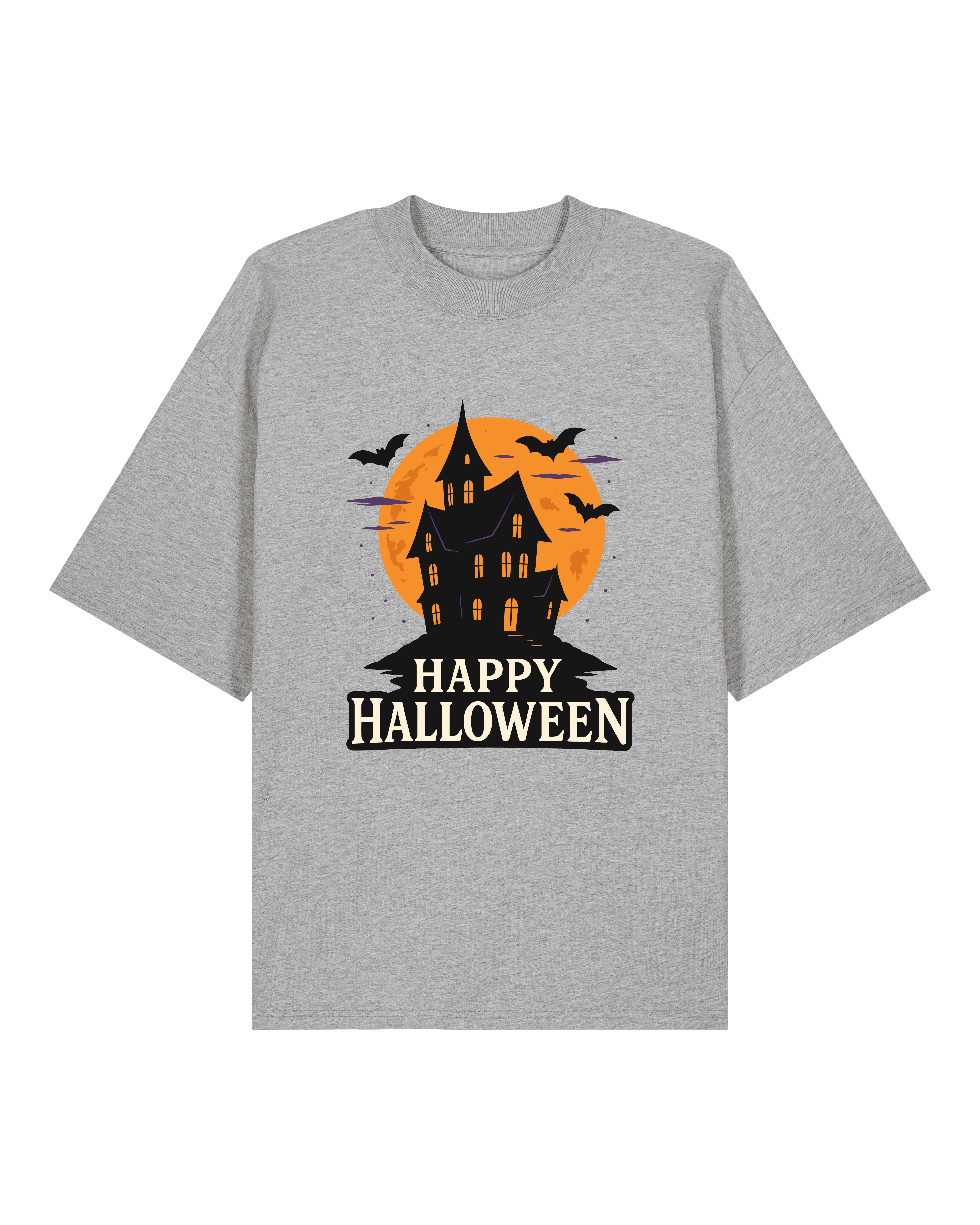 Graues Oversized Halloween T-Shirt von Teeflix mit Spukhaus und Schriftzug "Happy Halloween"