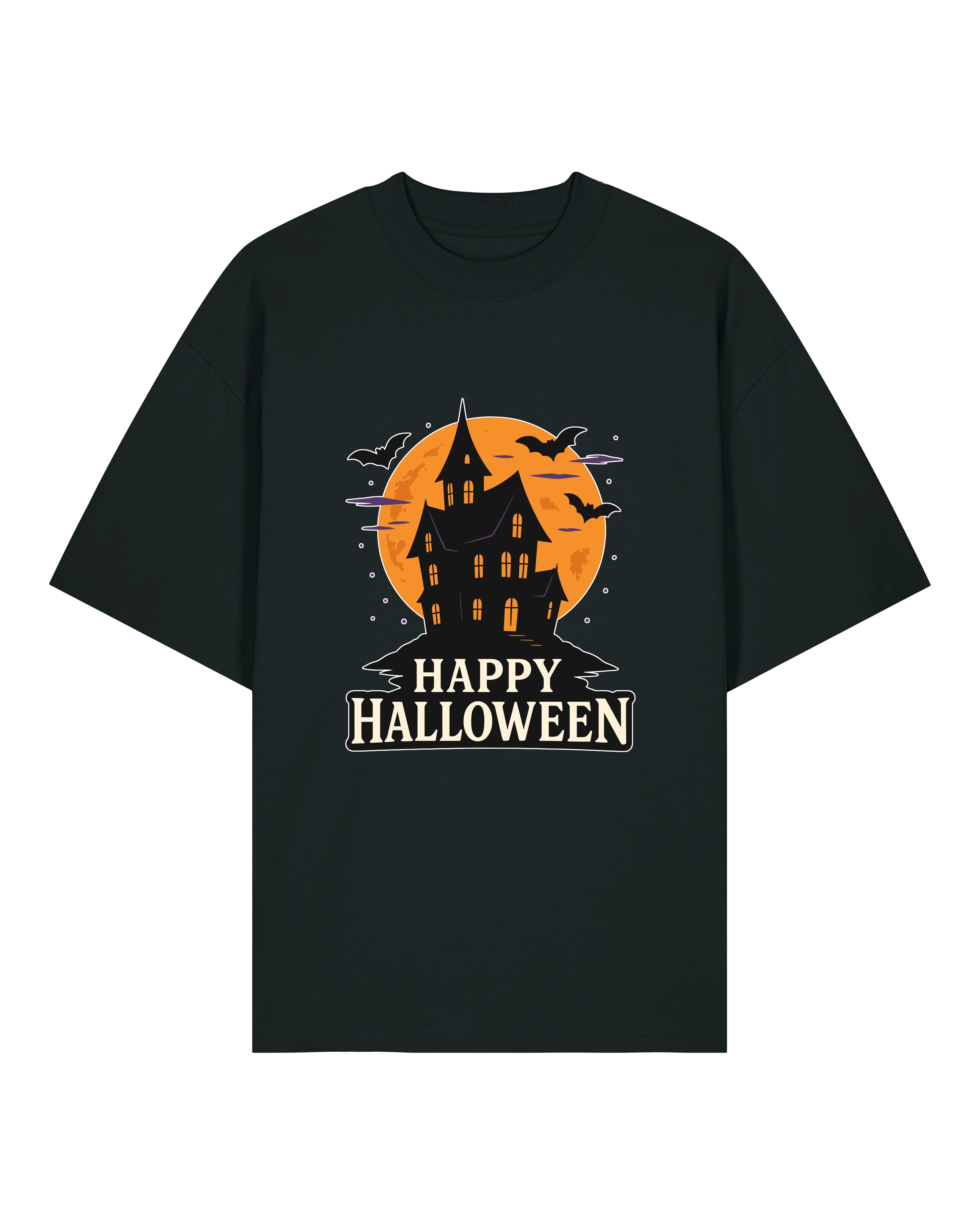 Schwarzes Oversized Halloween T-Shirt von Teeflix mit Spukhaus-Motiv und Schriftzug "Happy Halloween"