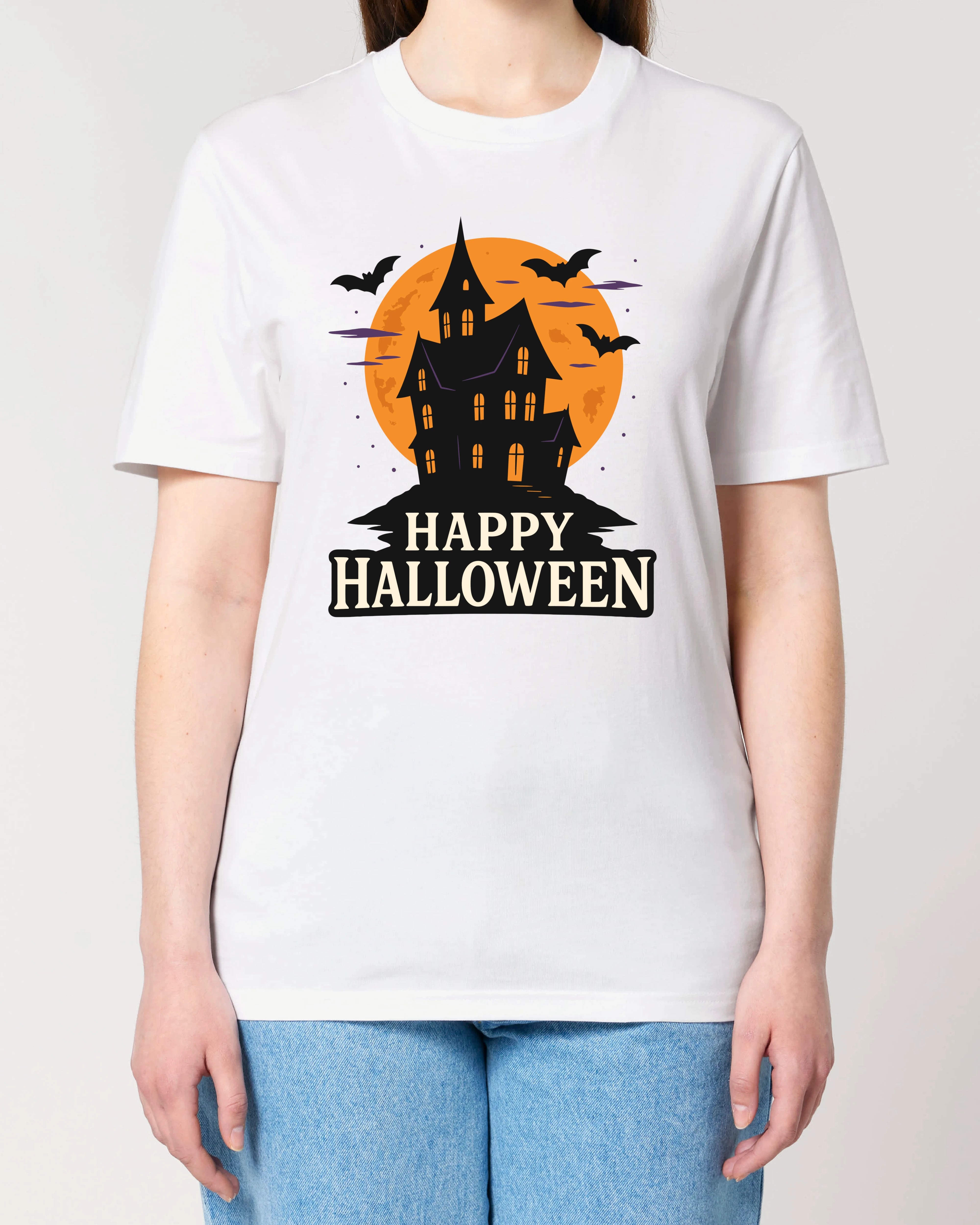 Weißes Halloween Shirt für Damen von Teeflix mit Spukhaus-Motiv und Schriftzug "Happy Halloween"