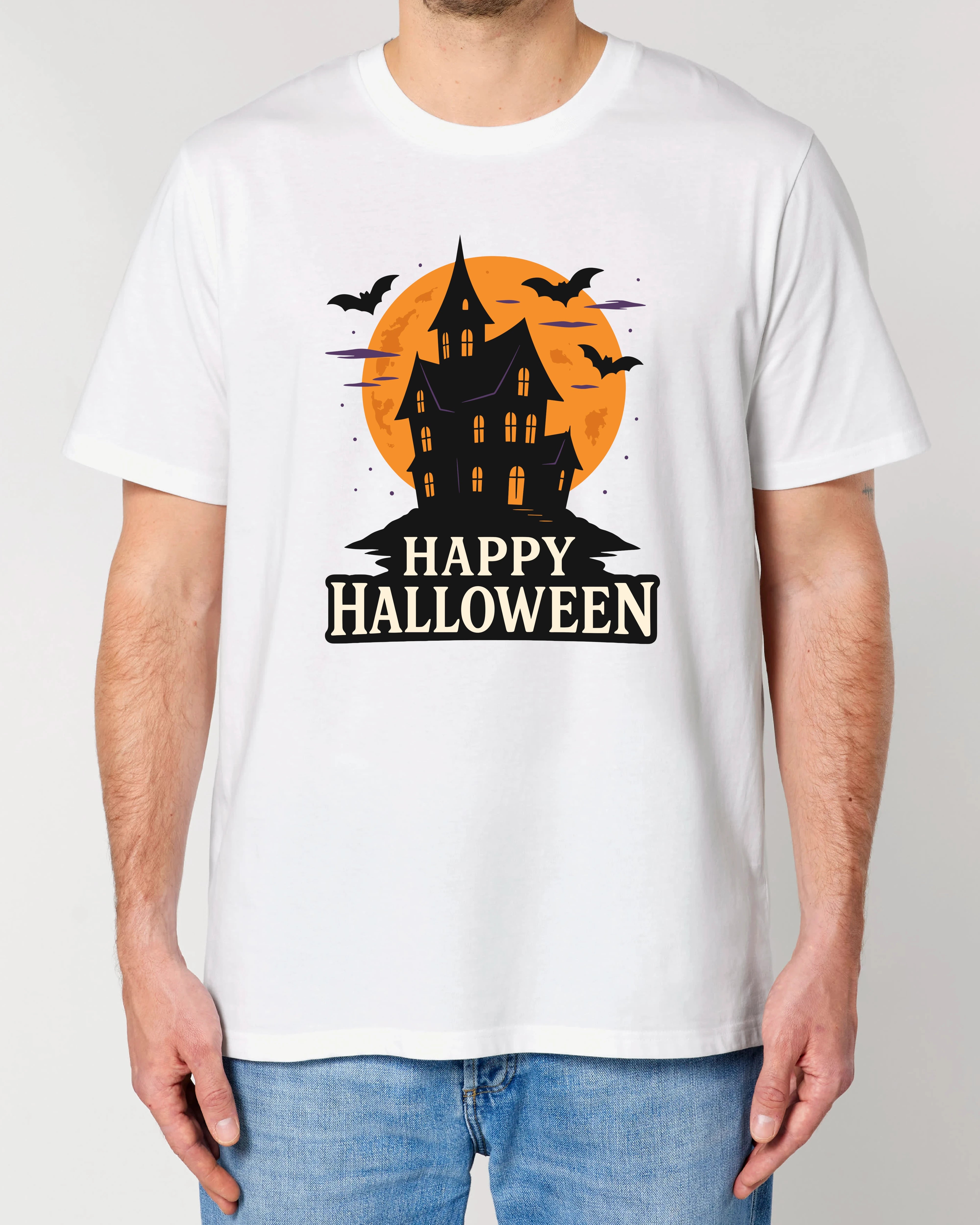 Weißes Halloween T-Shirt für Herren von Teeflix mit Spukhaus-Motiv und Schriftzug "Happy Halloween" – Normal Fit
