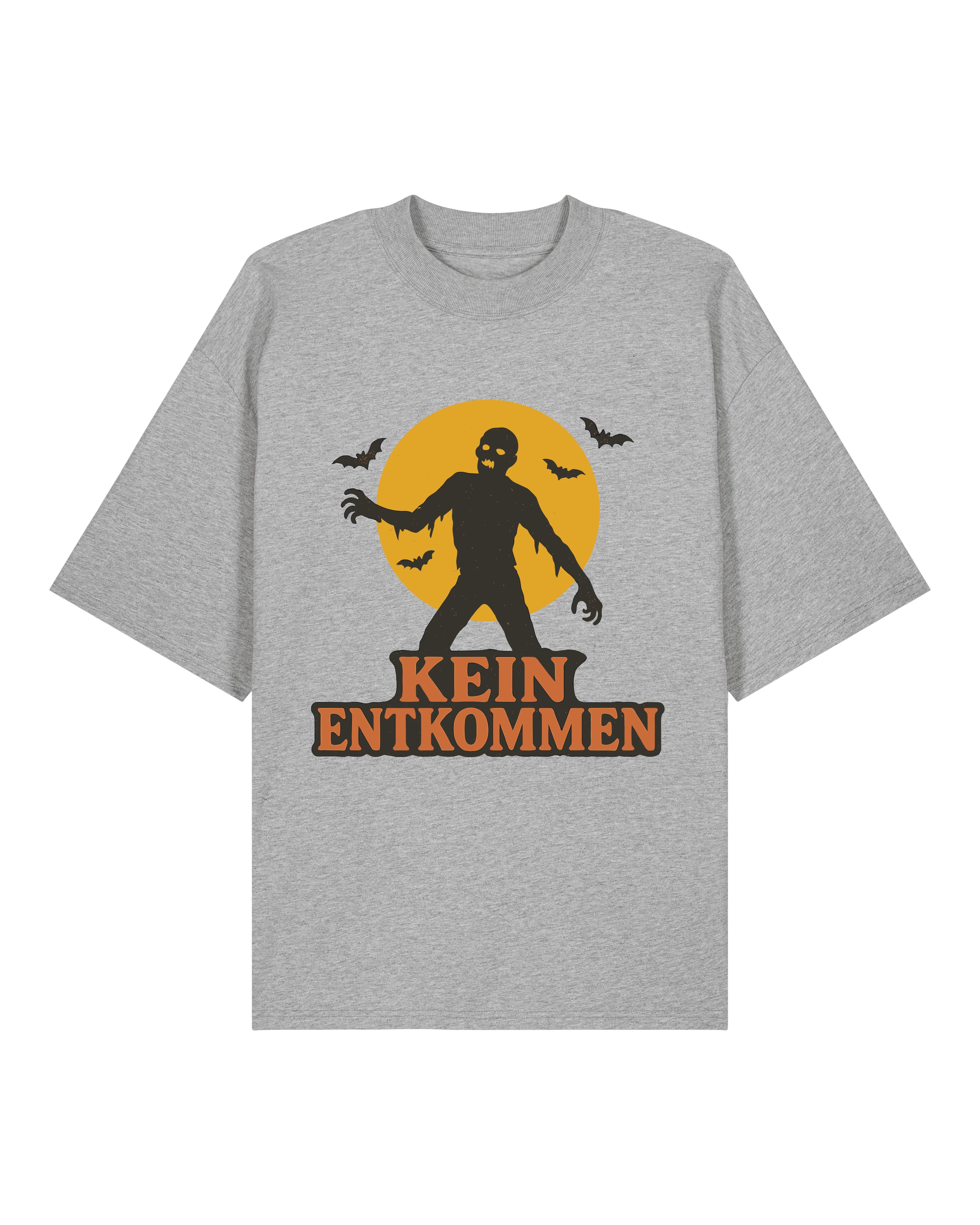 Graues Oversized Halloween Shirt von Teeflix mit Zombie und Spruch "Kein Entkommen", Bio Baumwolle