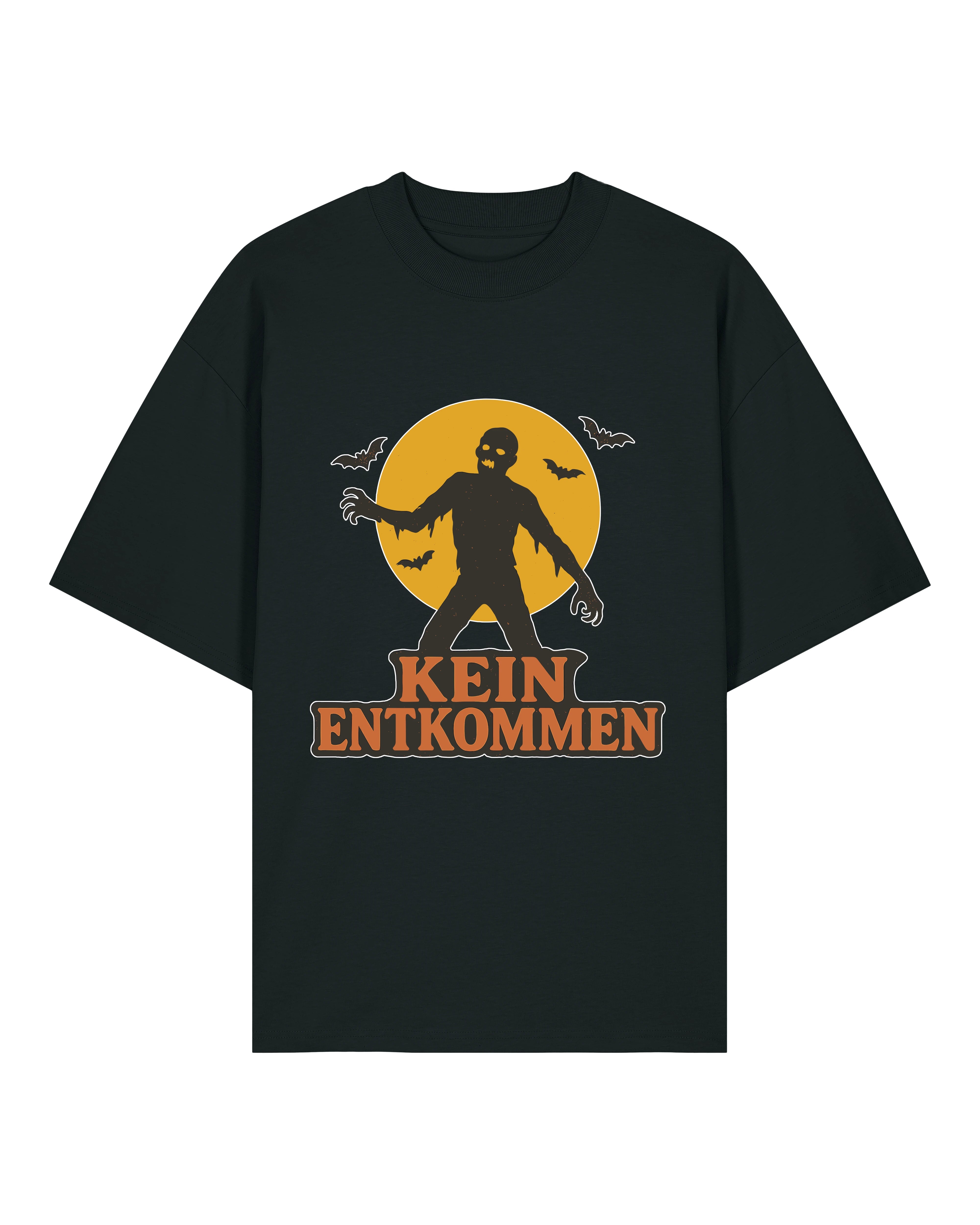 Schwarzes Oversized Halloween T-Shirt von Teeflix mit Zombie-Motiv und Spruch "Kein Entkommen", 100% Bio-Baumwolle