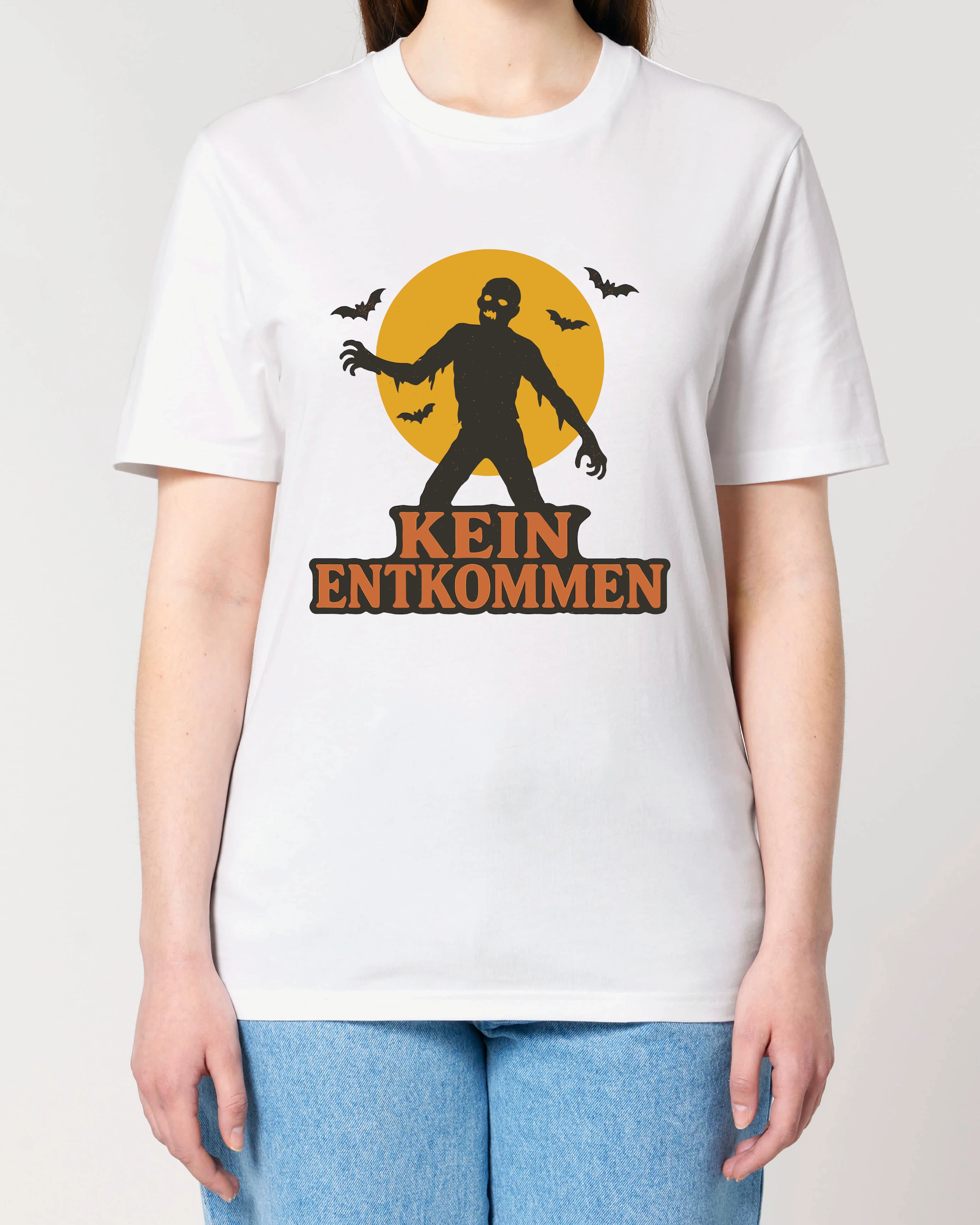 Weißes Halloween Shirt für Damen von Teeflix mit Zombie und Spruch "Kein Entkommen", Unisex Normal