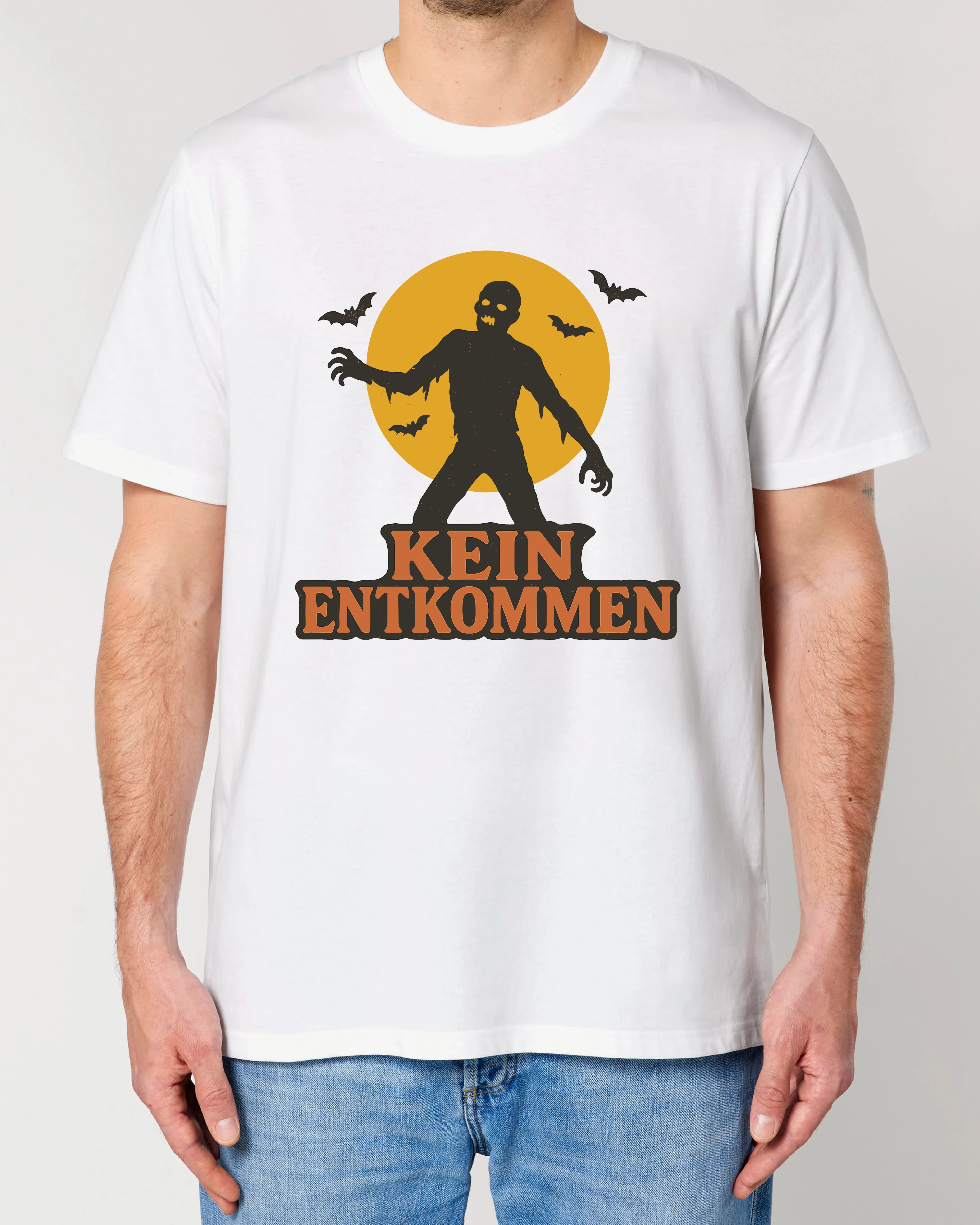 Weißes Halloween T-Shirt für Herren von Teeflix mit Zombie-Motiv und Spruch "Kein Entkommen", Normal Fit