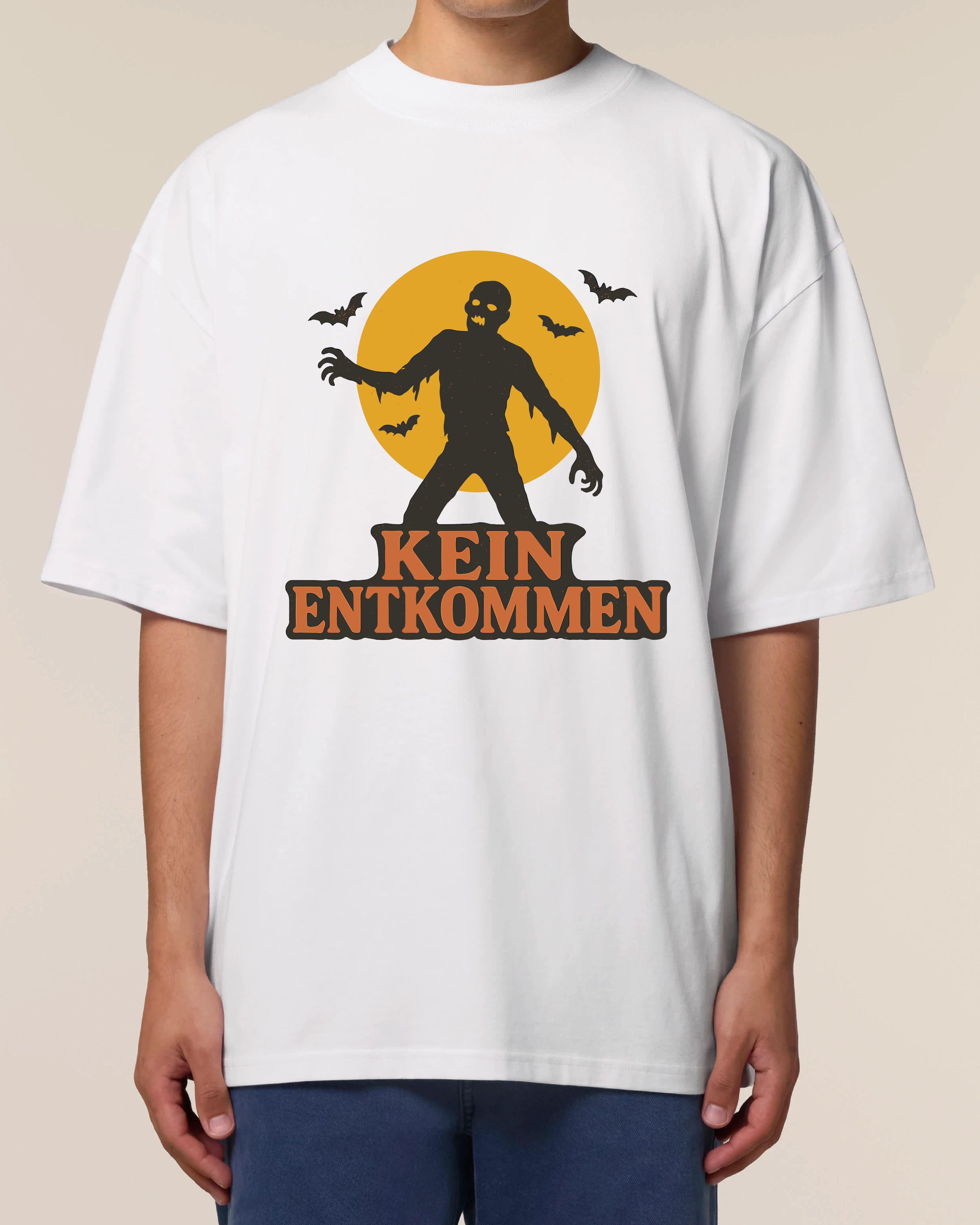 Weißes Oversized Halloween T-Shirt für Herren von Teeflix mit Zombie-Motiv und Spruch "Kein Entkommen"