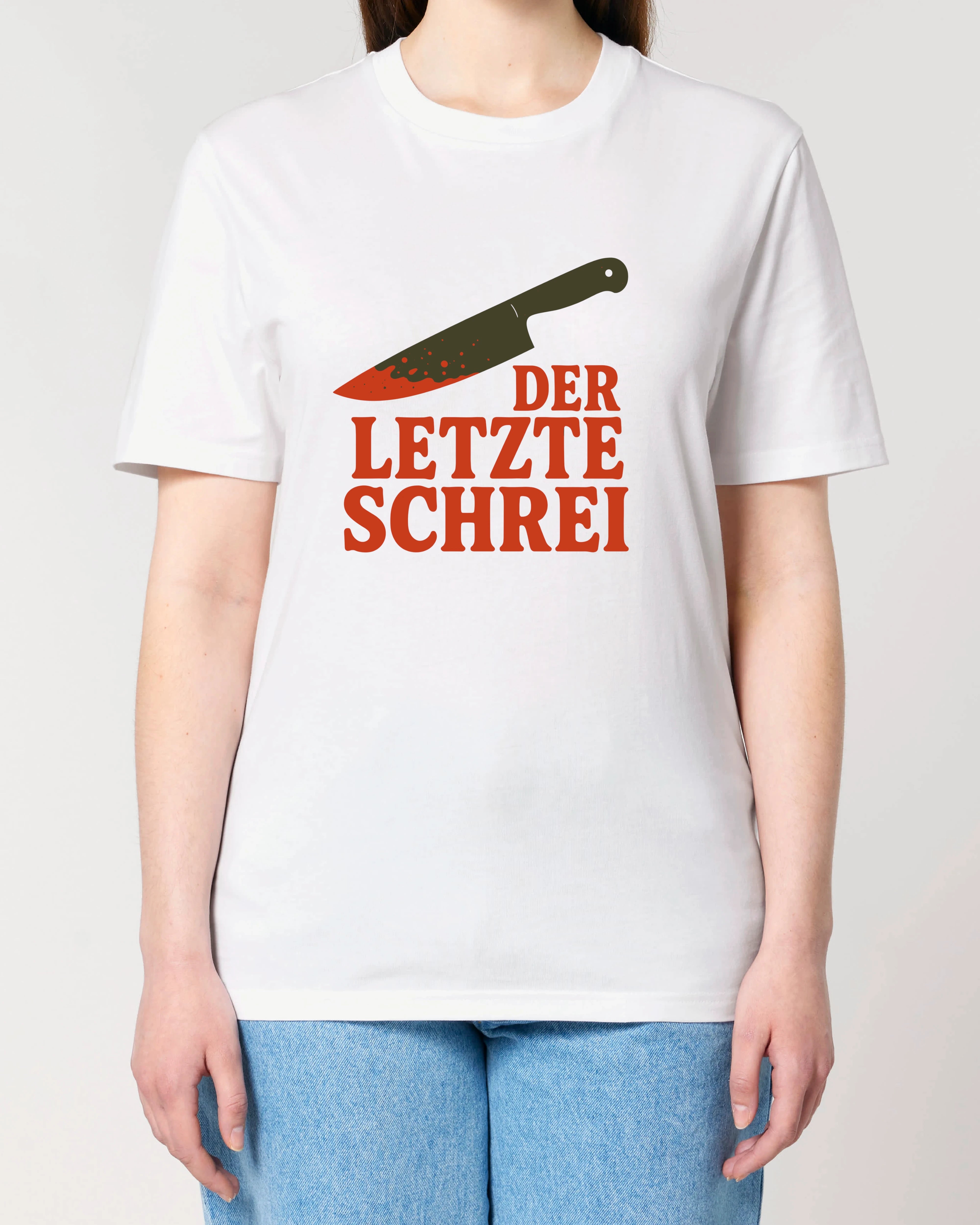 Weißes Horror Shirt für Damen von Teeflix mit blutigem Messer und Schriftzug "Der letzte Schrei"