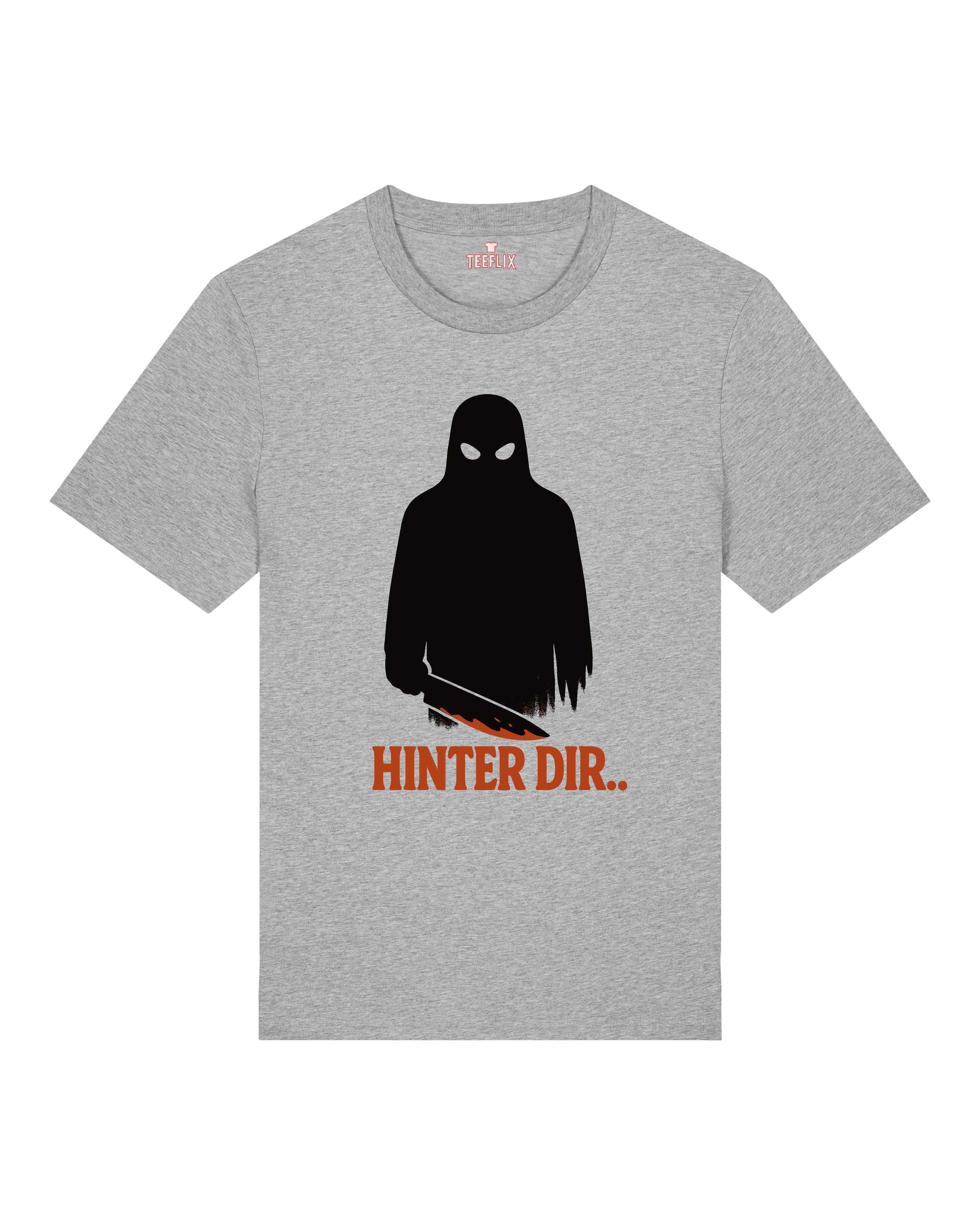 Graues Horror Shirt von Teeflix mit Figur und Spruch "Hinter dir.." – Normal Fit