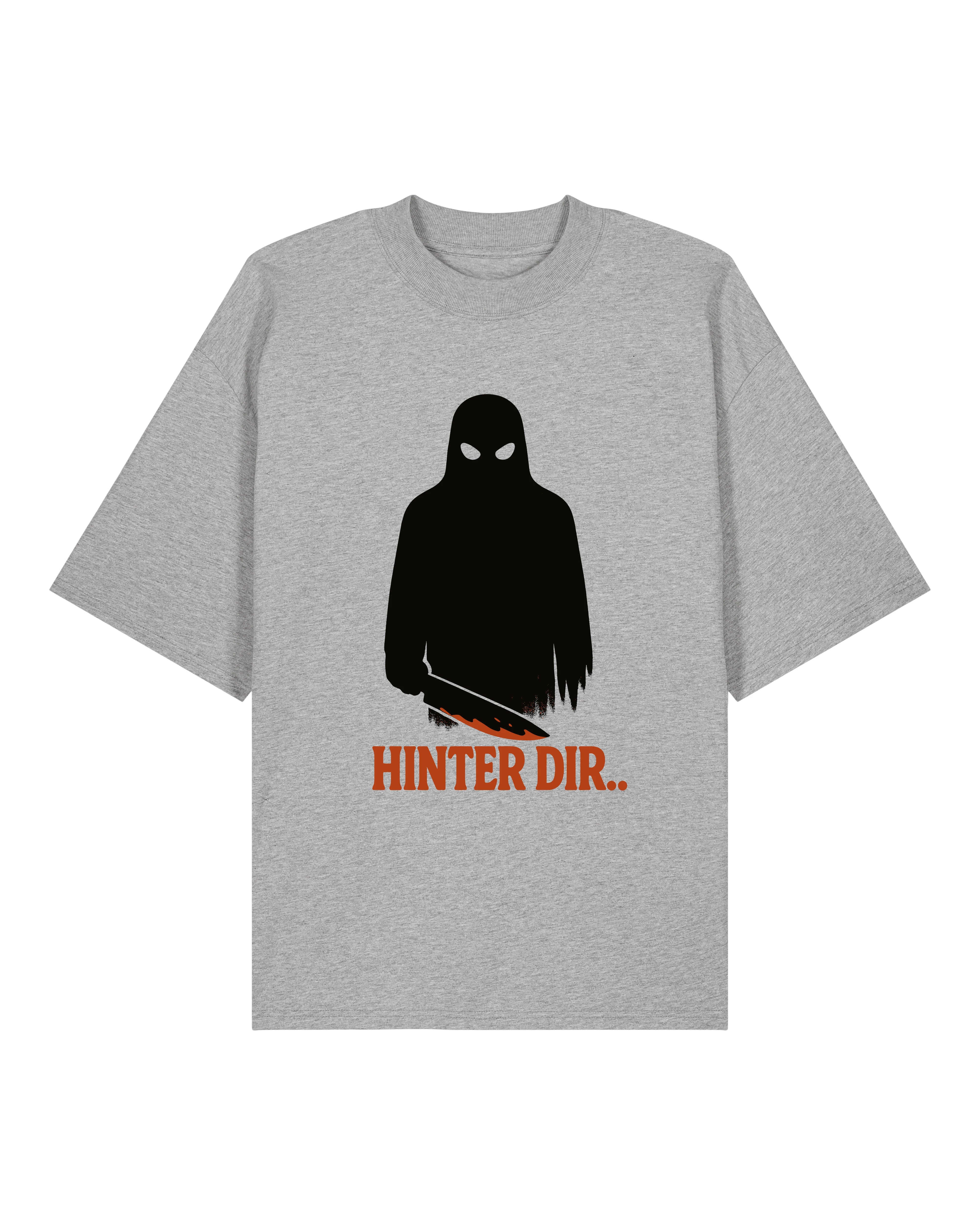 Graues Oversized Horror Shirt von Teeflix mit Schattenmann und Spruch "Hinter dir.."