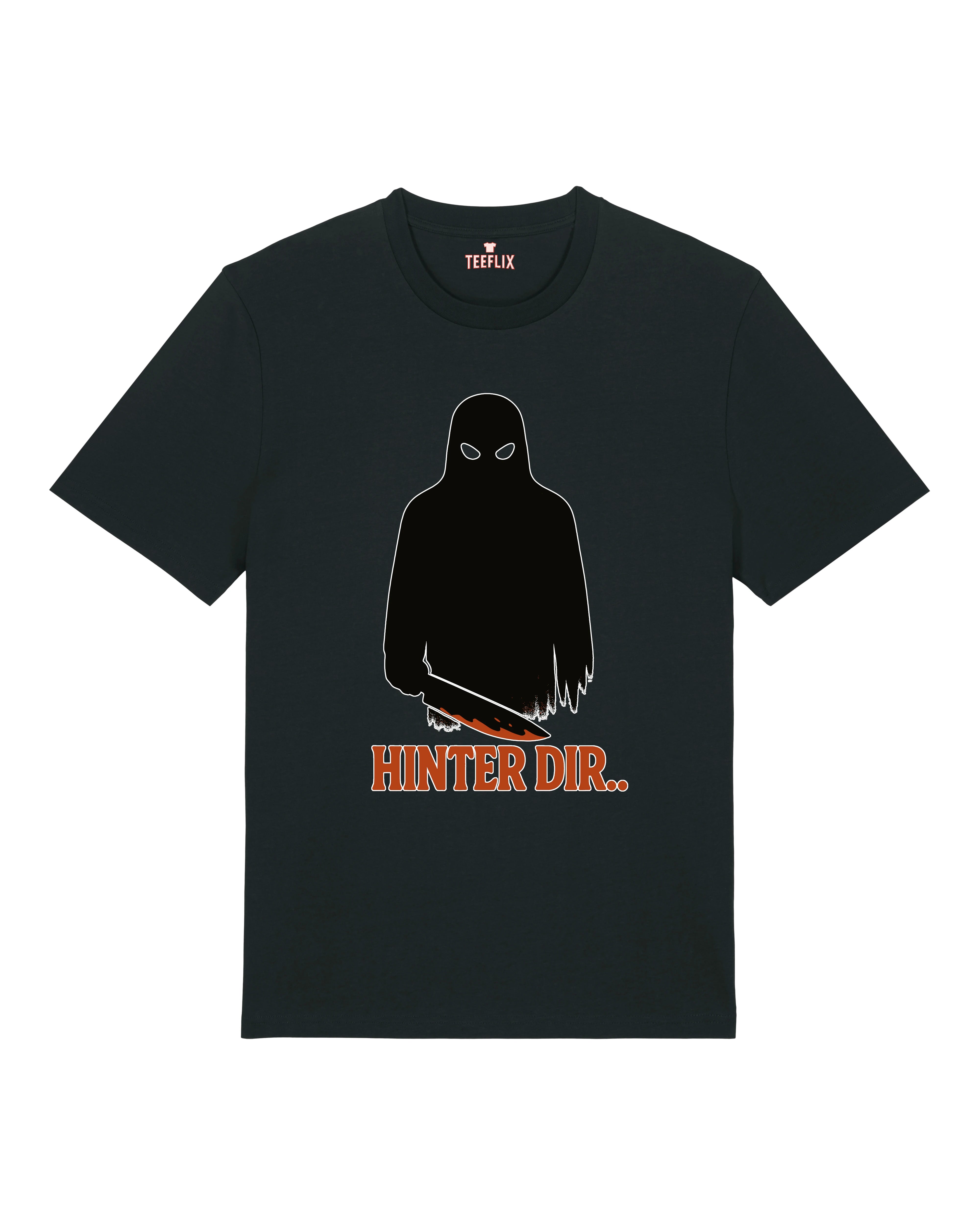Schwarzes Horror Shirt von Teeflix mit Schattenfigur und Spruch "Hinter dir.." – Unisex Normal Fit