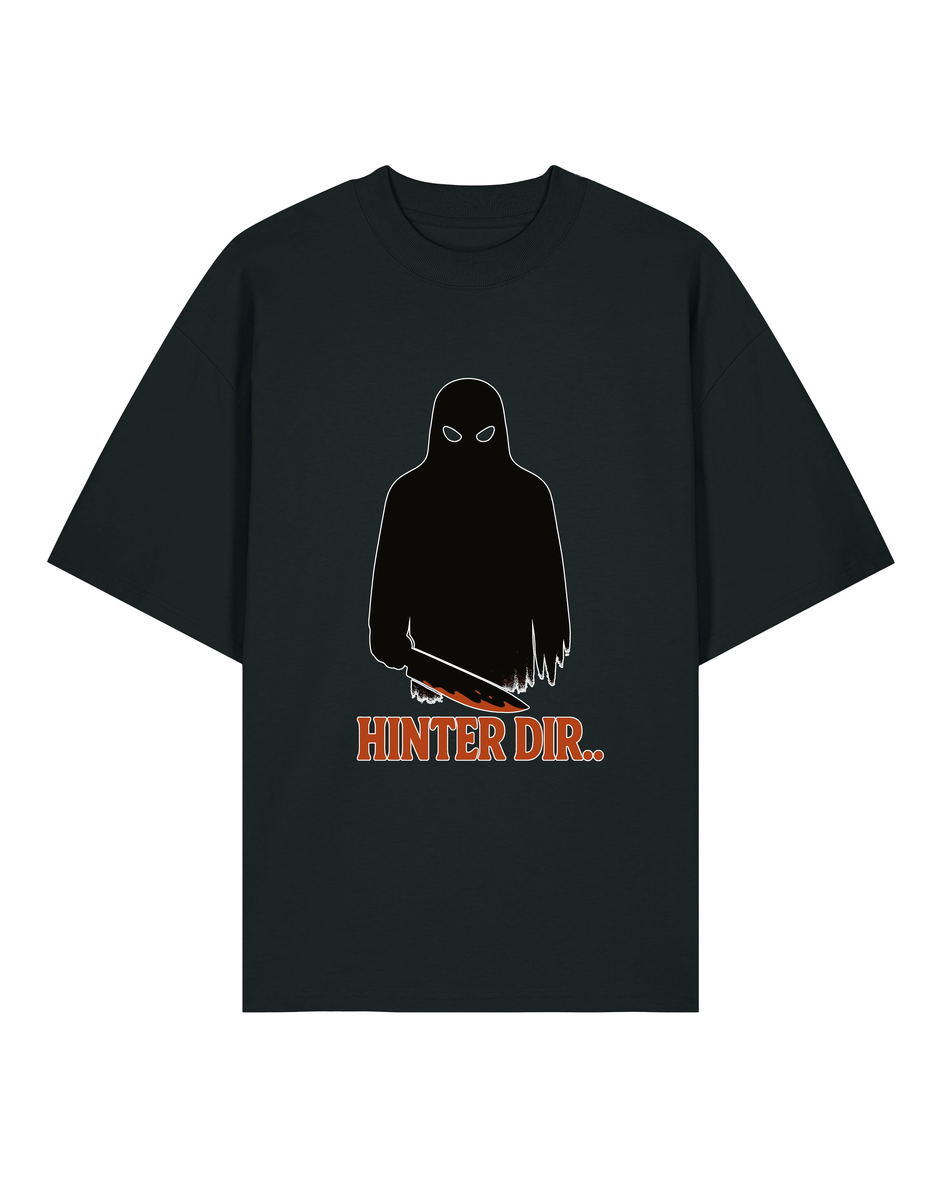 Schwarzes Oversized Horror Shirt von Teeflix mit gruseliger Figur und Schriftzug "Hinter dir.."