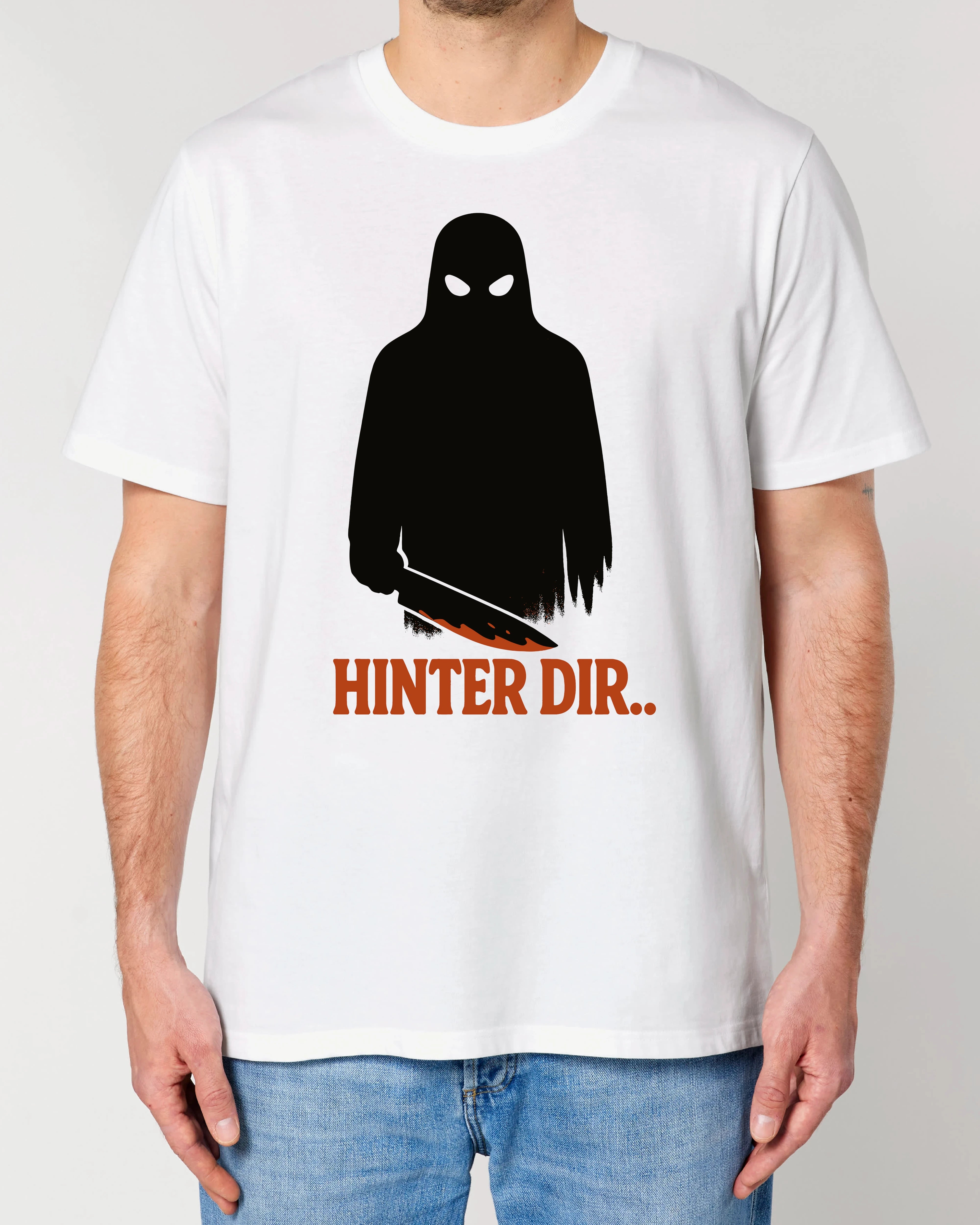 Weißes Horror T-Shirt für Herren von Teeflix mit Schattenfigur und Spruch "Hinter dir.." – Normal Fit