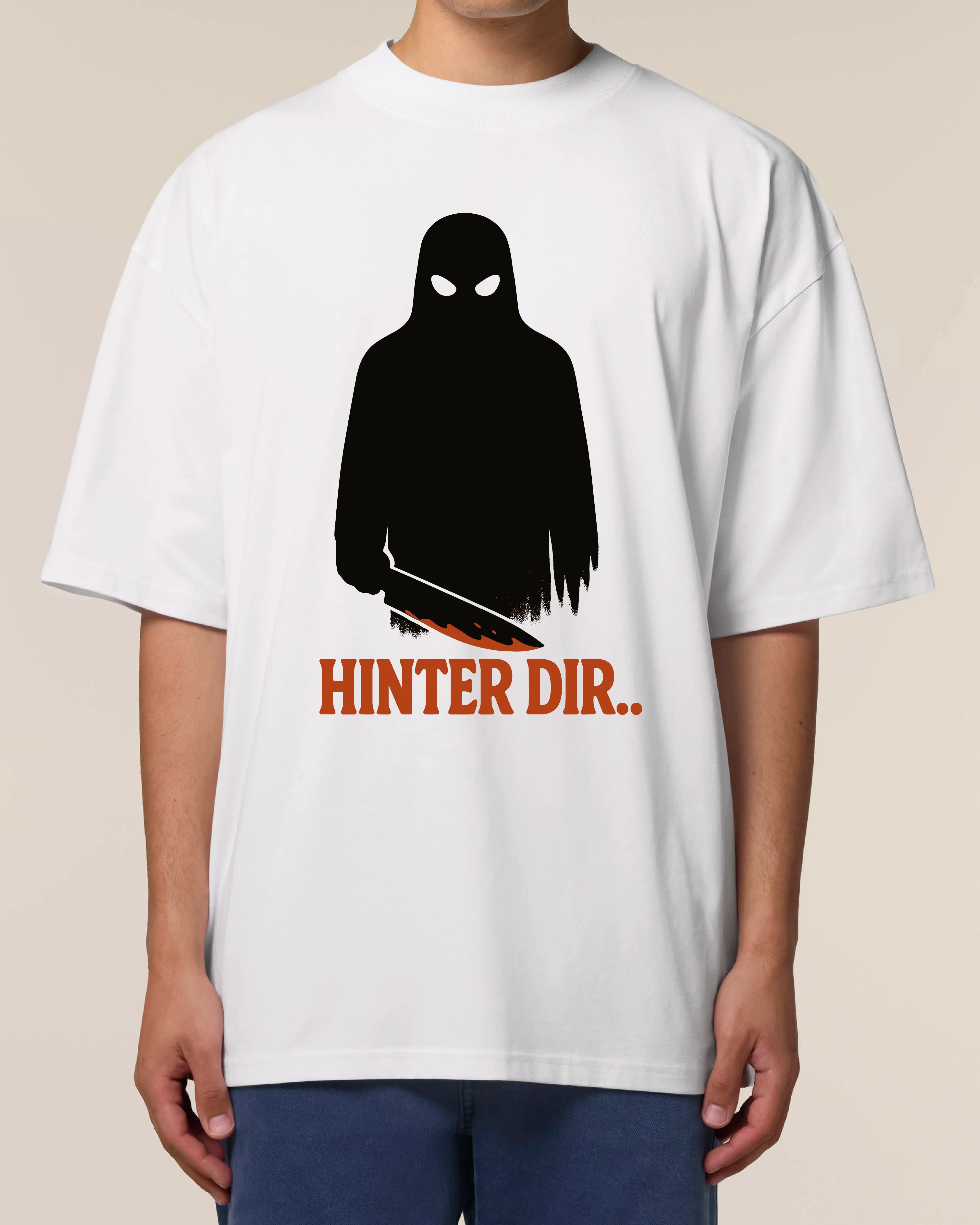 Weißes Oversized Horror T-Shirt für Herren von Teeflix mit Figur und Schriftzug "Hinter dir.."
