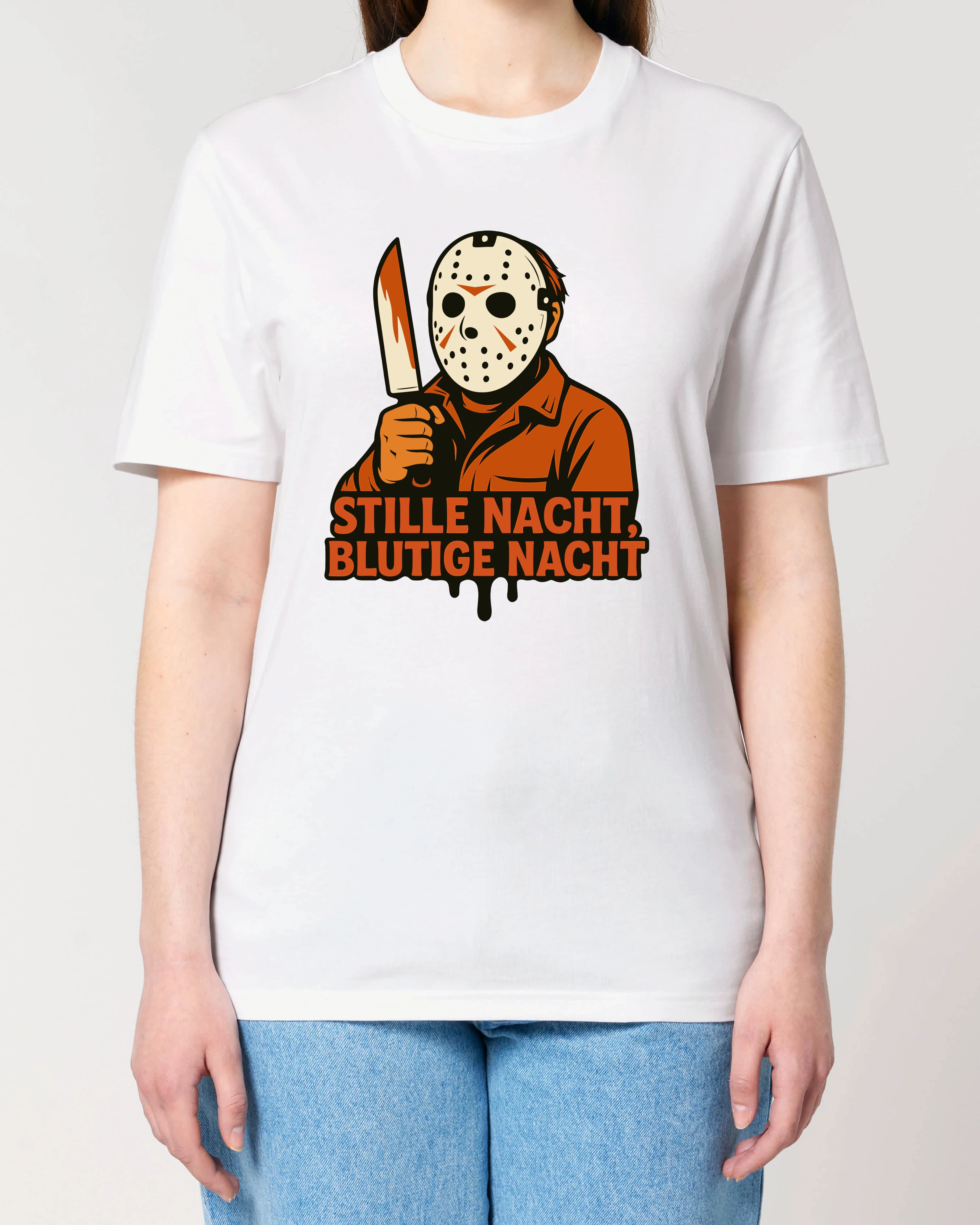 Weißes Horror Shirt für Damen von Teeflix mit Maske und Spruch "Stille Nacht, Blutige Nacht"