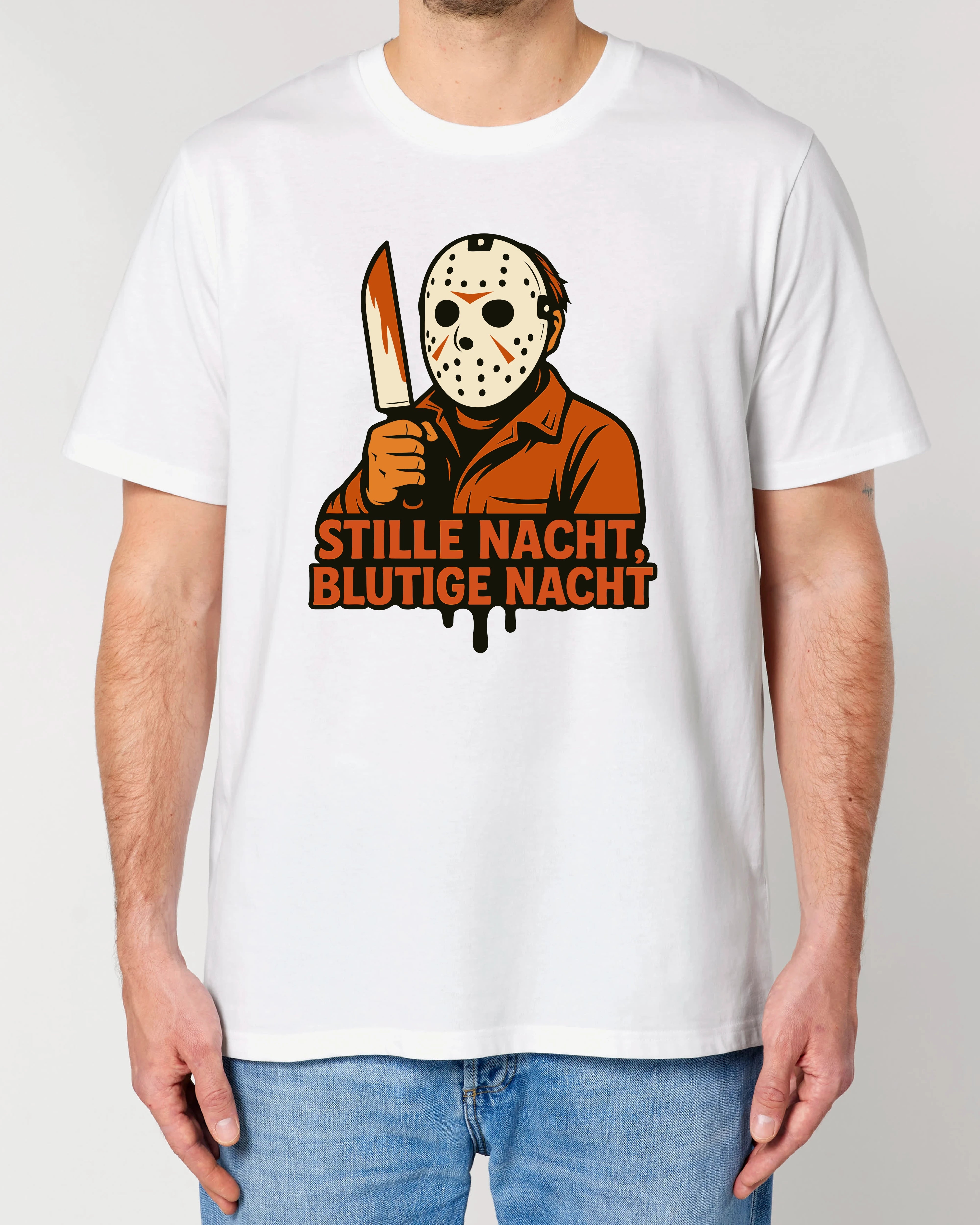 Weißes Horror T-Shirt für Herren von Teeflix mit Maske und Spruch "Stille Nacht, Blutige Nacht" – Normal Fit