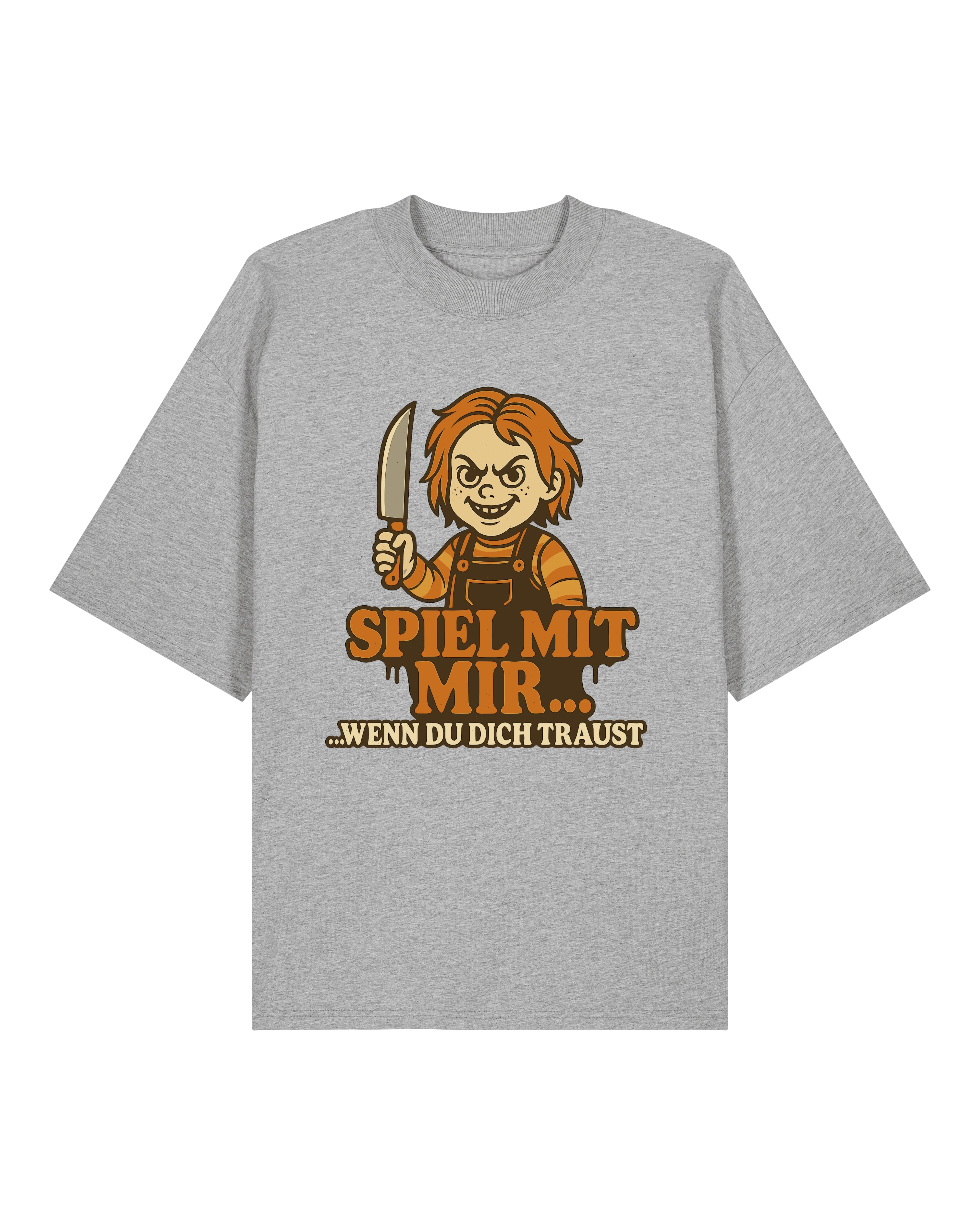Horror T-Shirt in Grau mit witzigem Puppen-Print – Oversized Fit – Teeflix