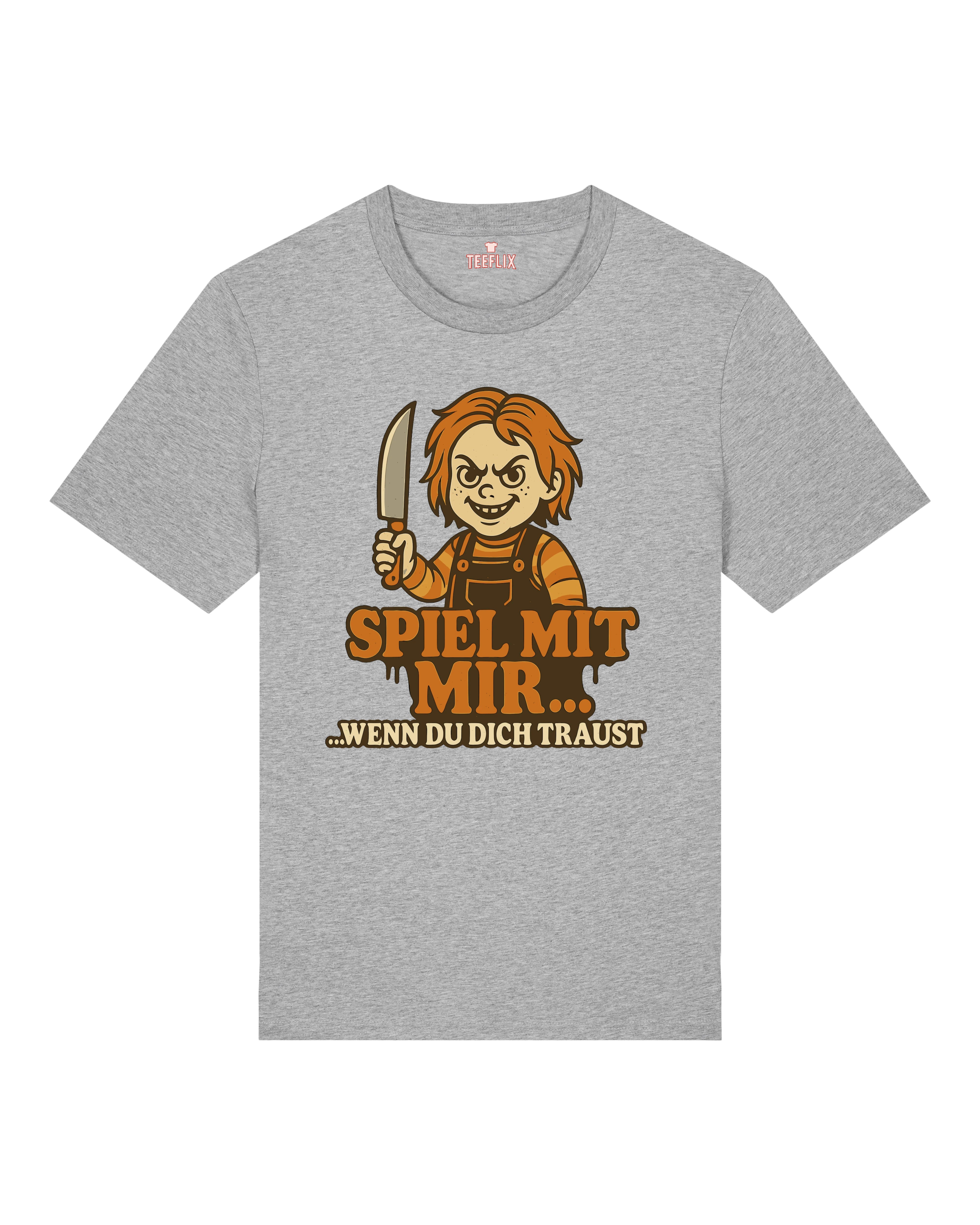 Graues Halloween Shirt mit gruseliger Puppe und Spruch – Unisex – Teeflix