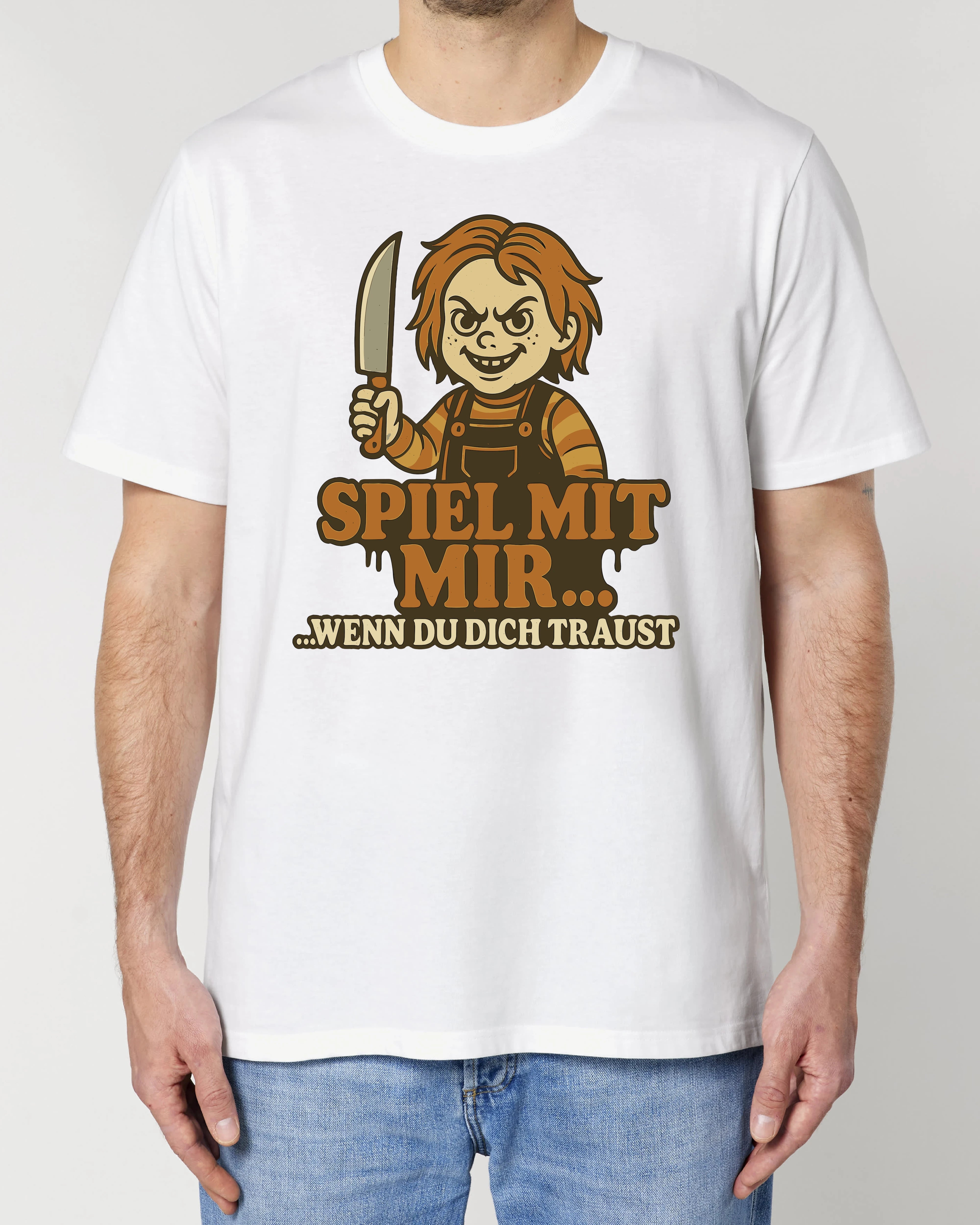 Weißes Halloween Shirt mit Comic-Horrorfigur und Spruch – Unisex – Teeflix