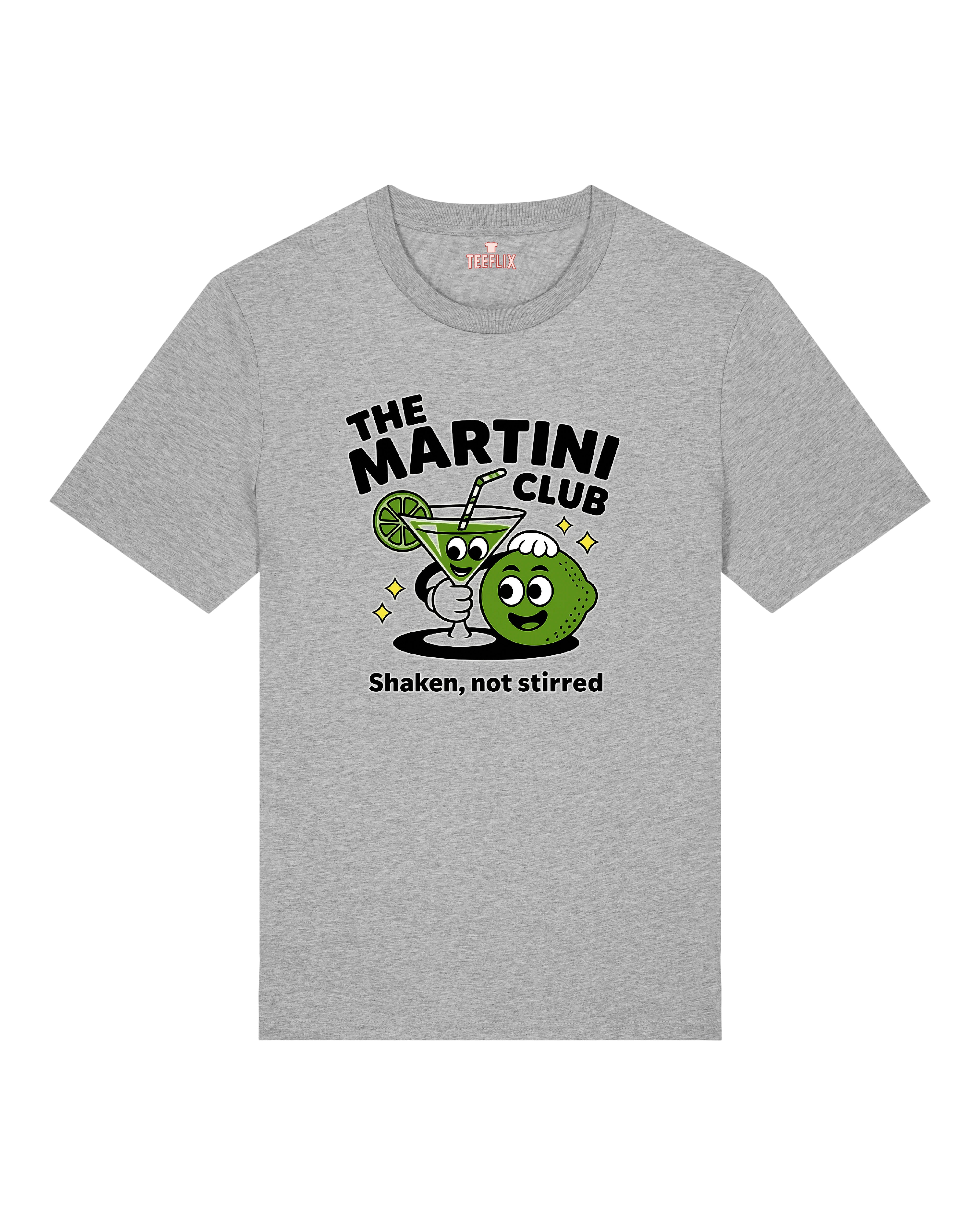 Graues Funshirt mit Cartoon-Grafik „The Martini Club“ – ideal für Partys, Cocktailliebhaber und Barkeeper.