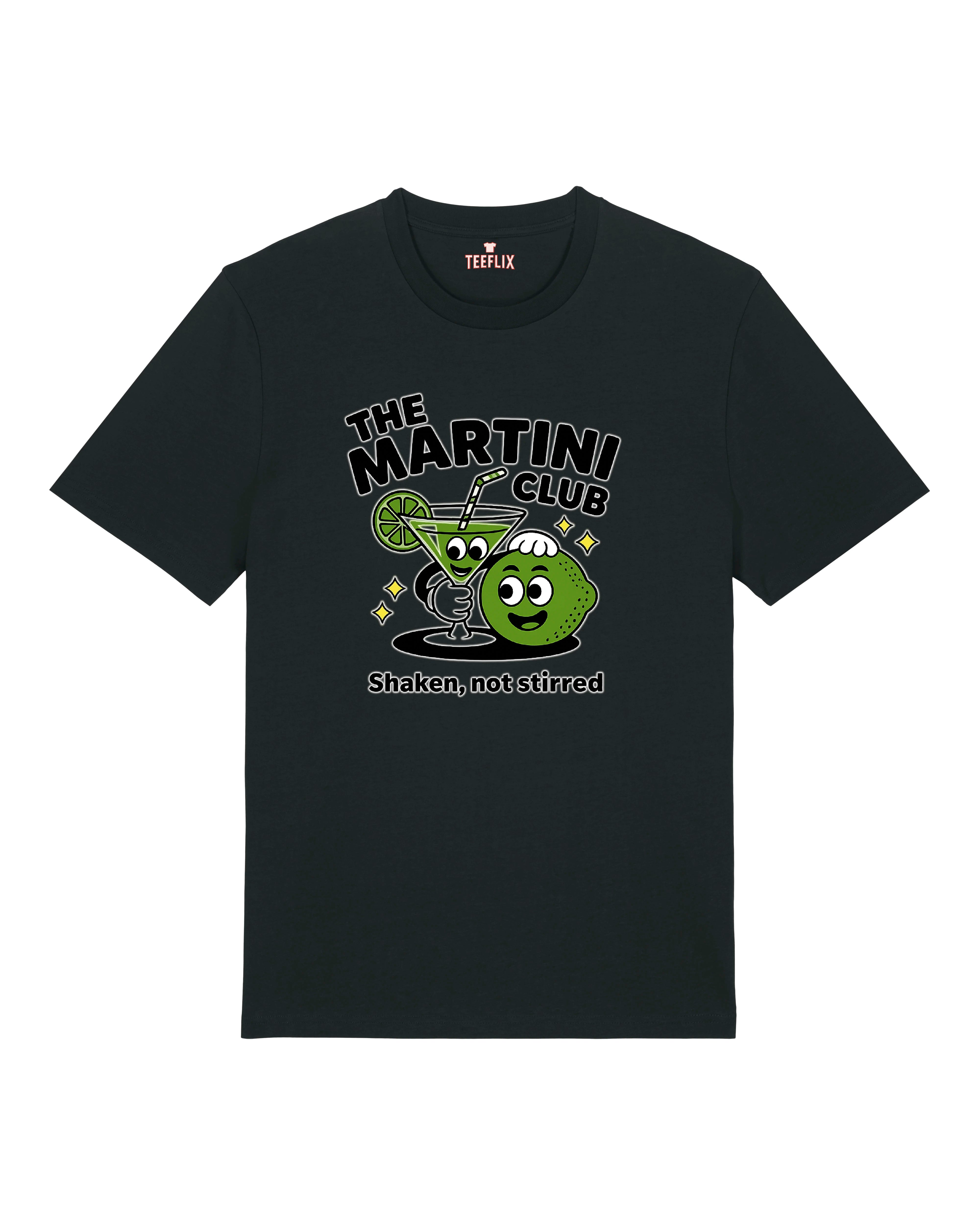 Schwarzes T-Shirt mit Aufdruck „The Martini Club“, fröhliches Cocktail-Design mit Martini-Glas und Limette.