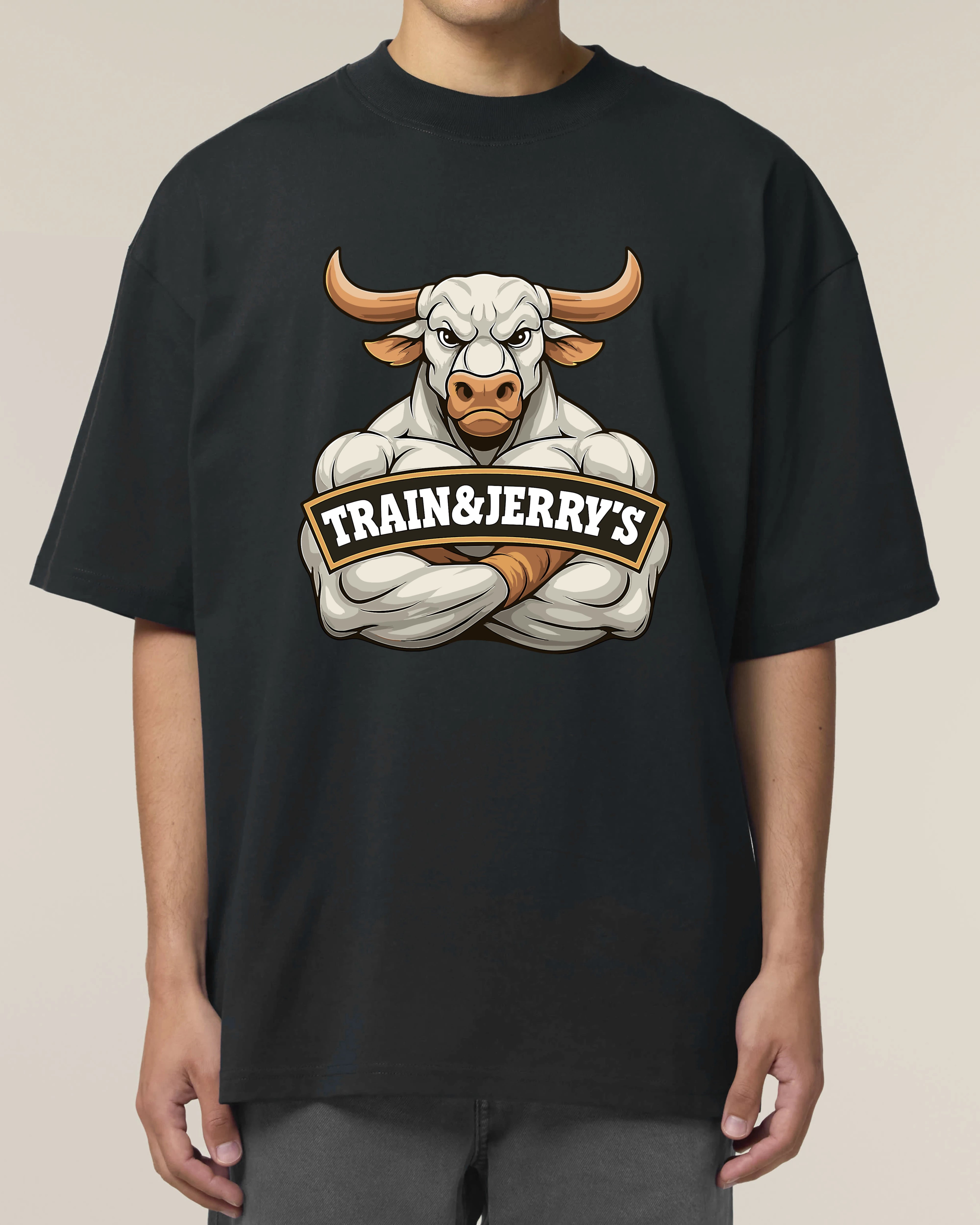 Train & Jerry’s Bull Gym Pump Cover Shirt schwarz Oversized 100% Bio-Baumwolle Teeflix – fitness shirt männer, pump cover shirt, bodybuilding shirt