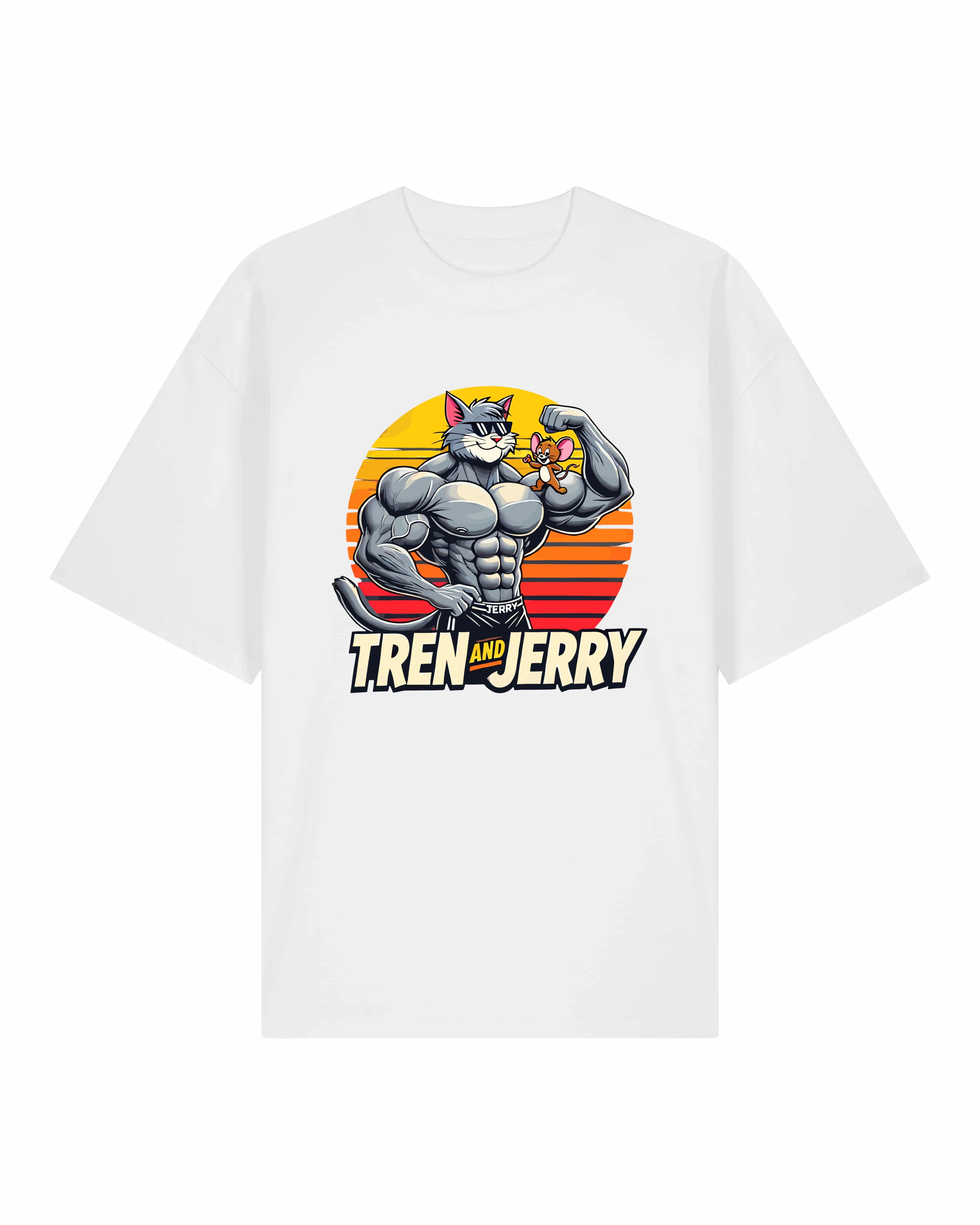 Tren and Jerry Pump Cover Shirt in Weiß – Cartoon Pump Cover T-Shirt für Gym Fans