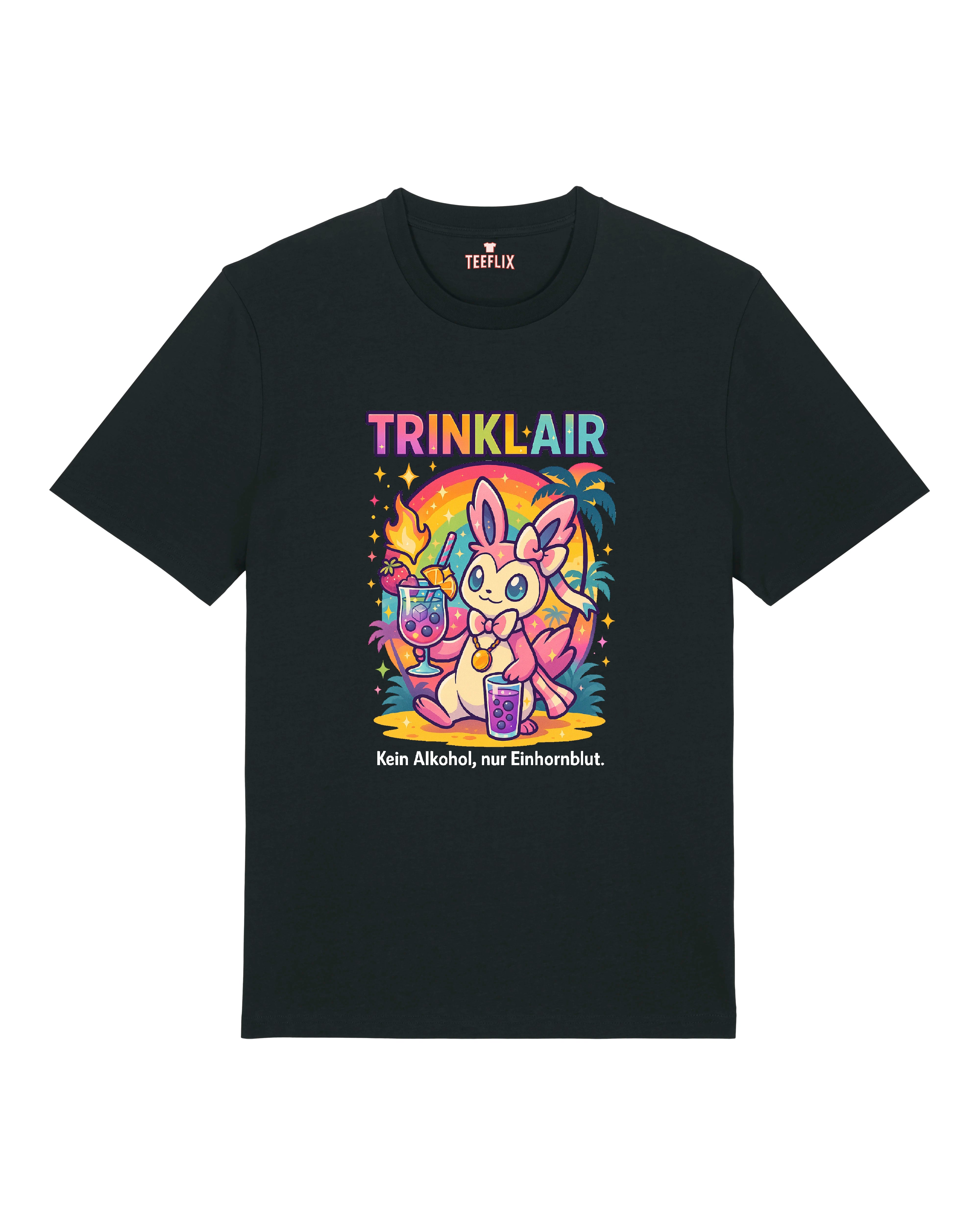 Schwarzes Trinklair T-Shirt mit buntem Einhorn-Print und dem Spruch „Kein Alkohol, nur Einhornblut“