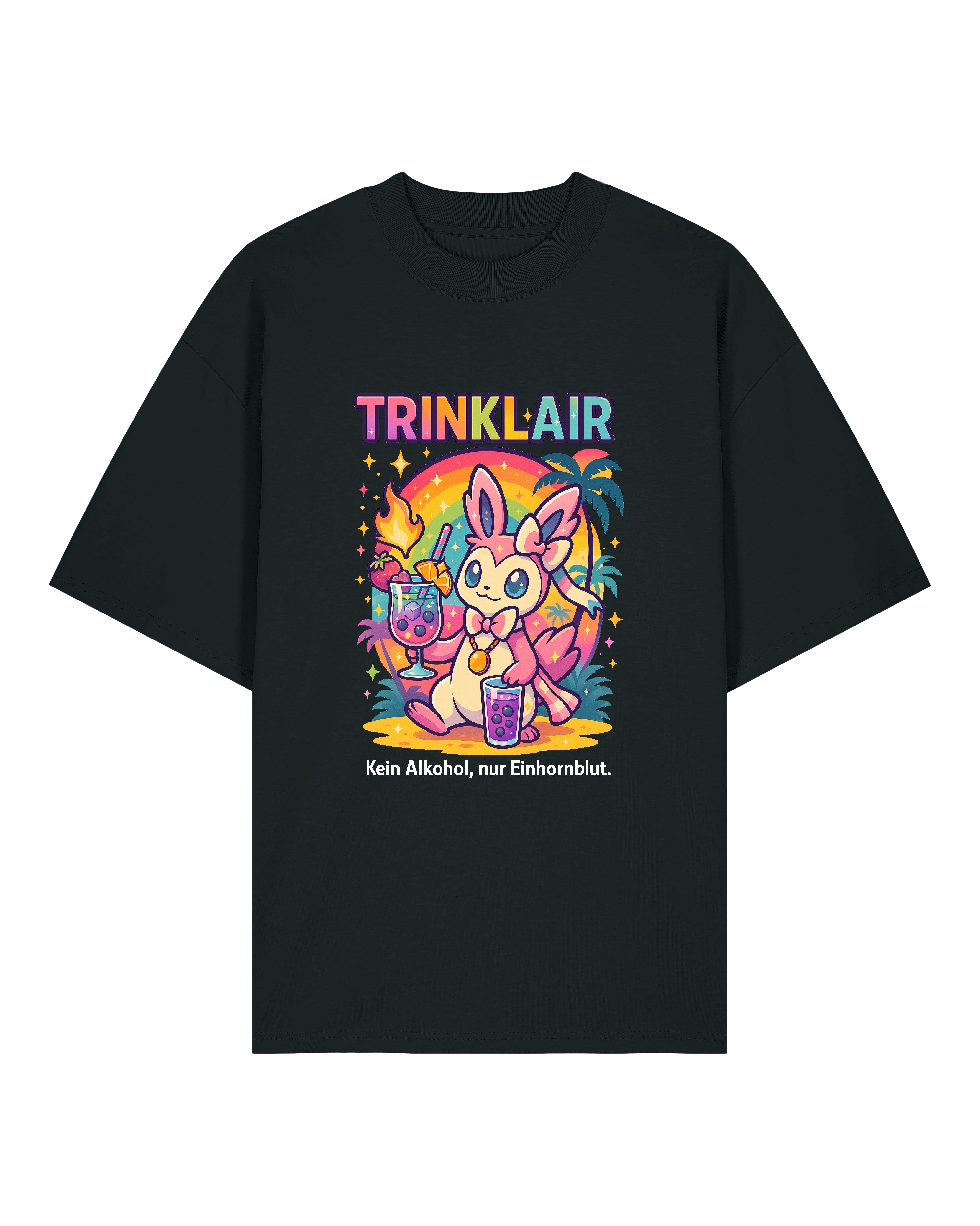 Schwarzes Trinklair T-Shirt mit buntem Einhorn-Print und dem Spruch „Kein Alkohol, nur Einhornblut“
