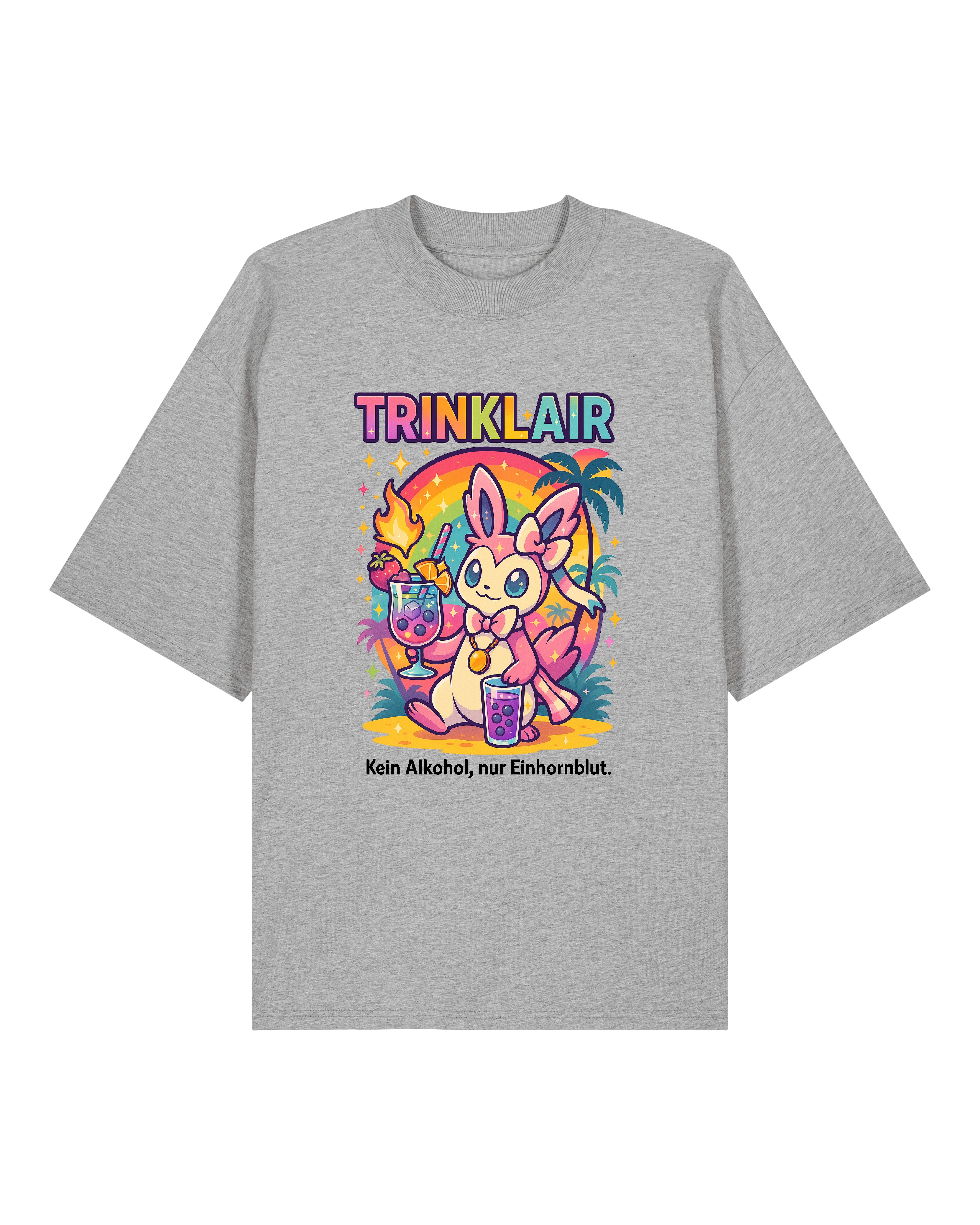 Graues Einhorn T-Shirt „Trinklair“ mit Regenbogenfarben und lustigem Spruch