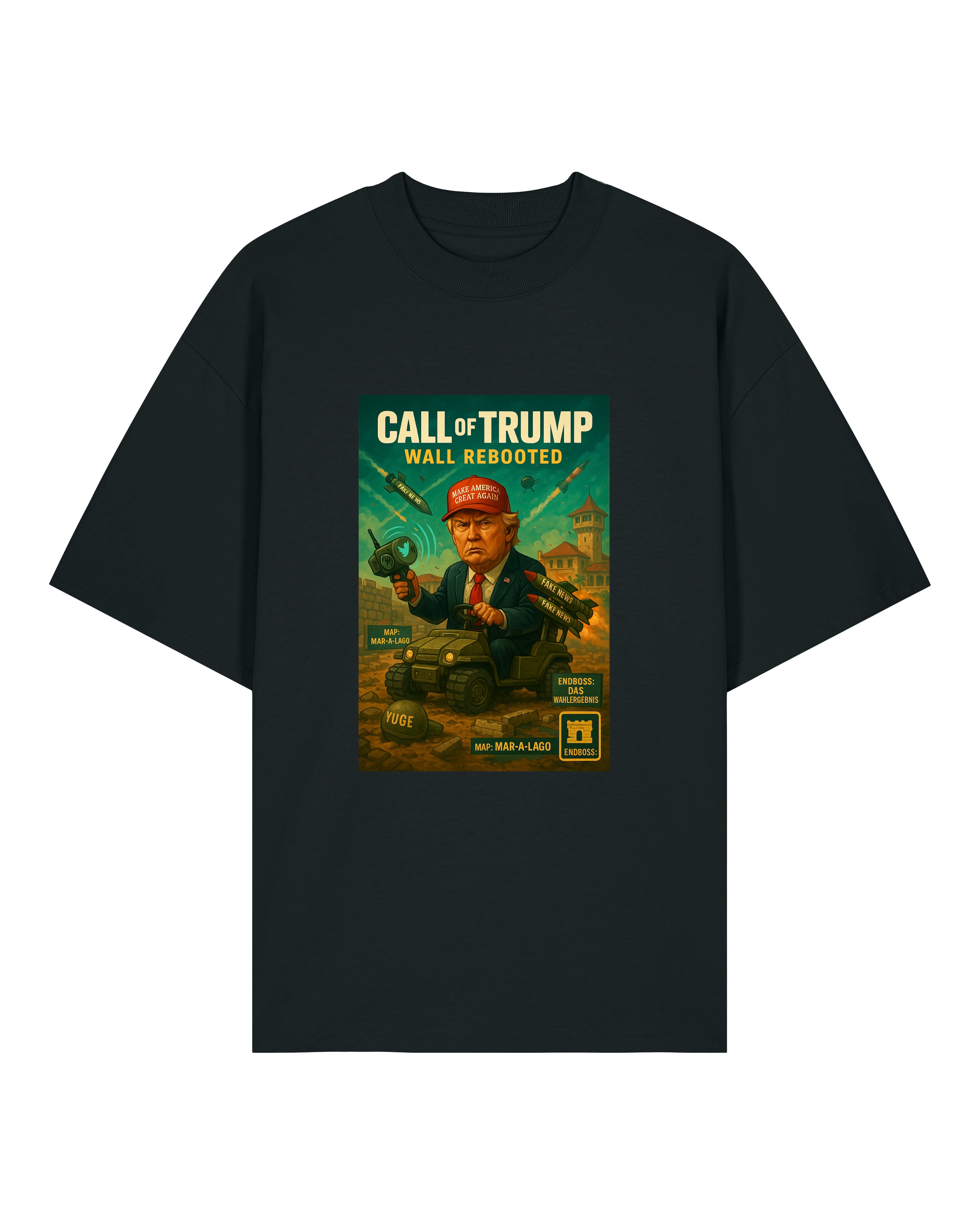 Schwarzes T-Shirt mit Donald Trump Parodie "Call of Trump – Wall Rebooted" Motiv