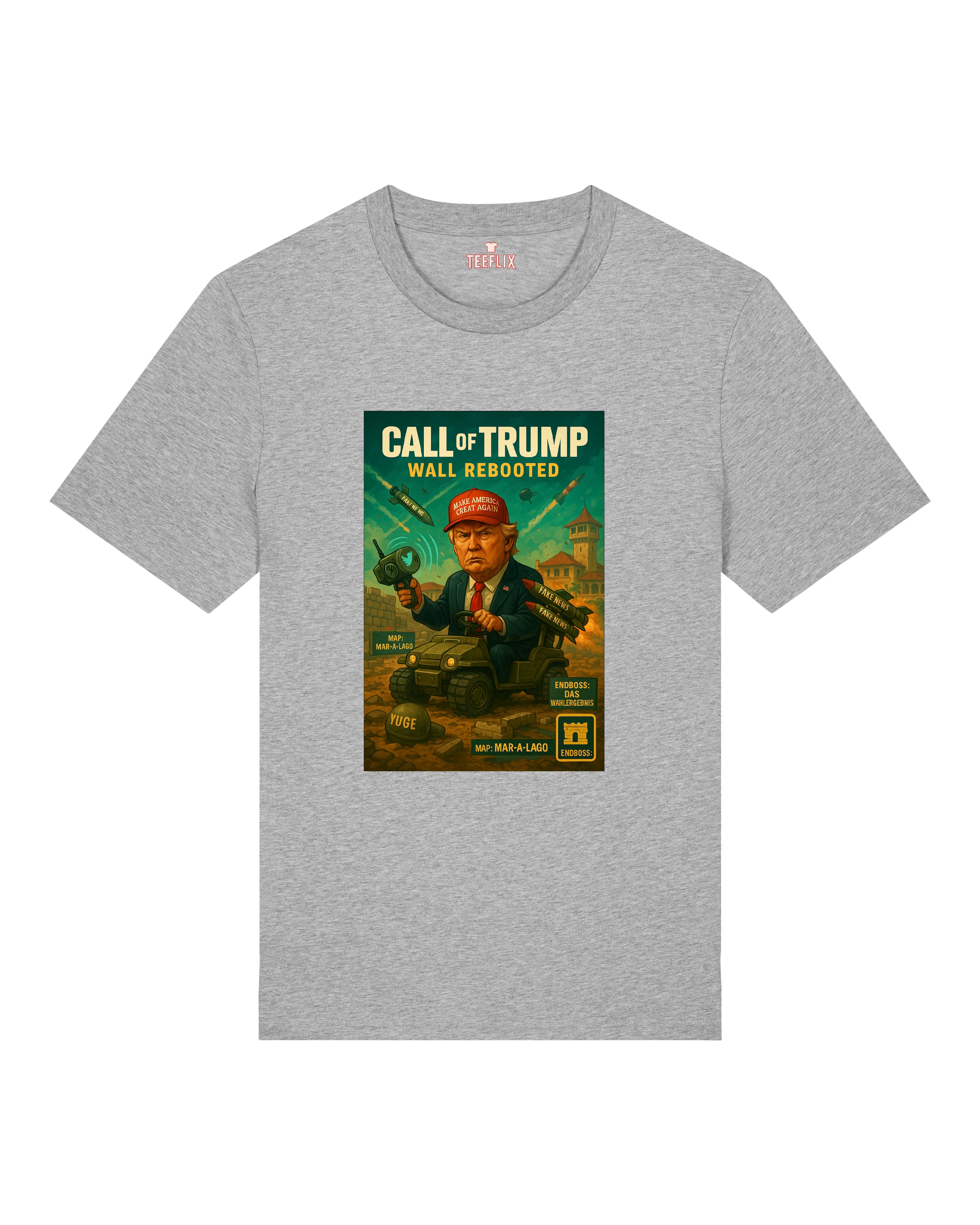 Graues T-Shirt mit Donald Trump Parodie "Call of Trump – Wall Rebooted" Motiv